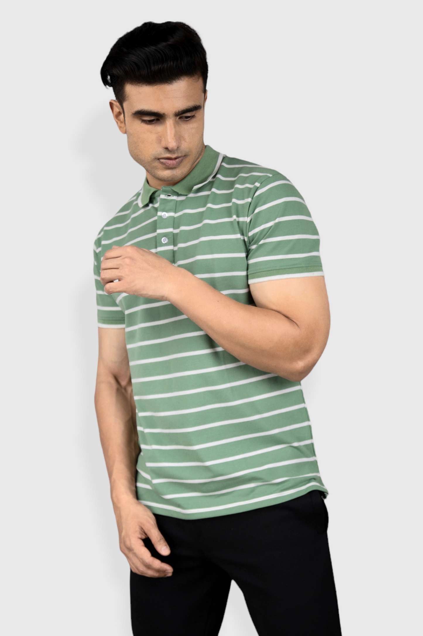 Albatross men’s pista Green stripe cotton Matty collar tshirt