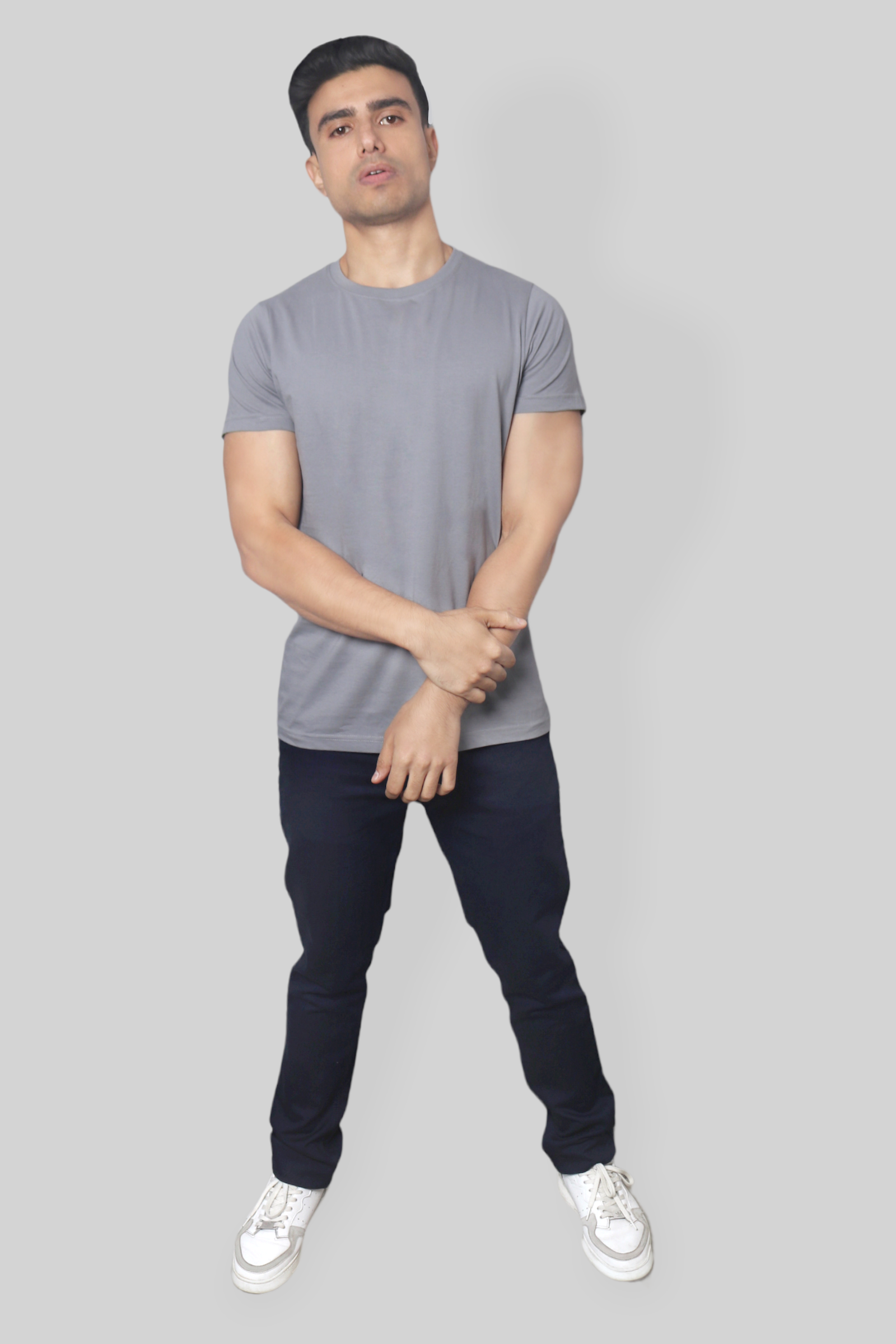 Solid Gray plain Round Neck Cotton Tshirt for men