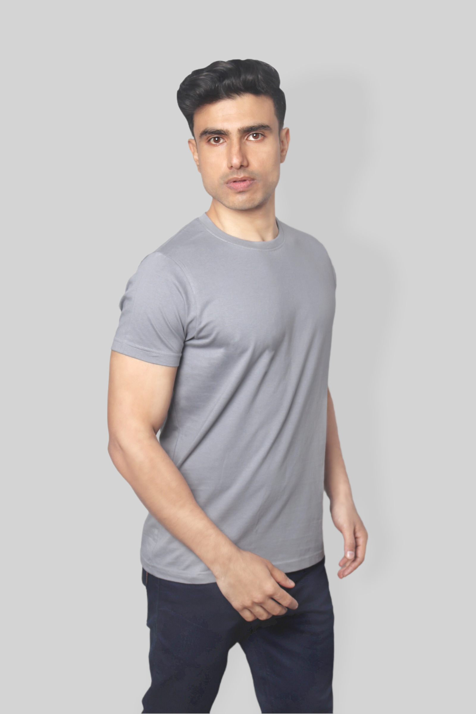 Solid Gray plain Round Neck Cotton Tshirt for men