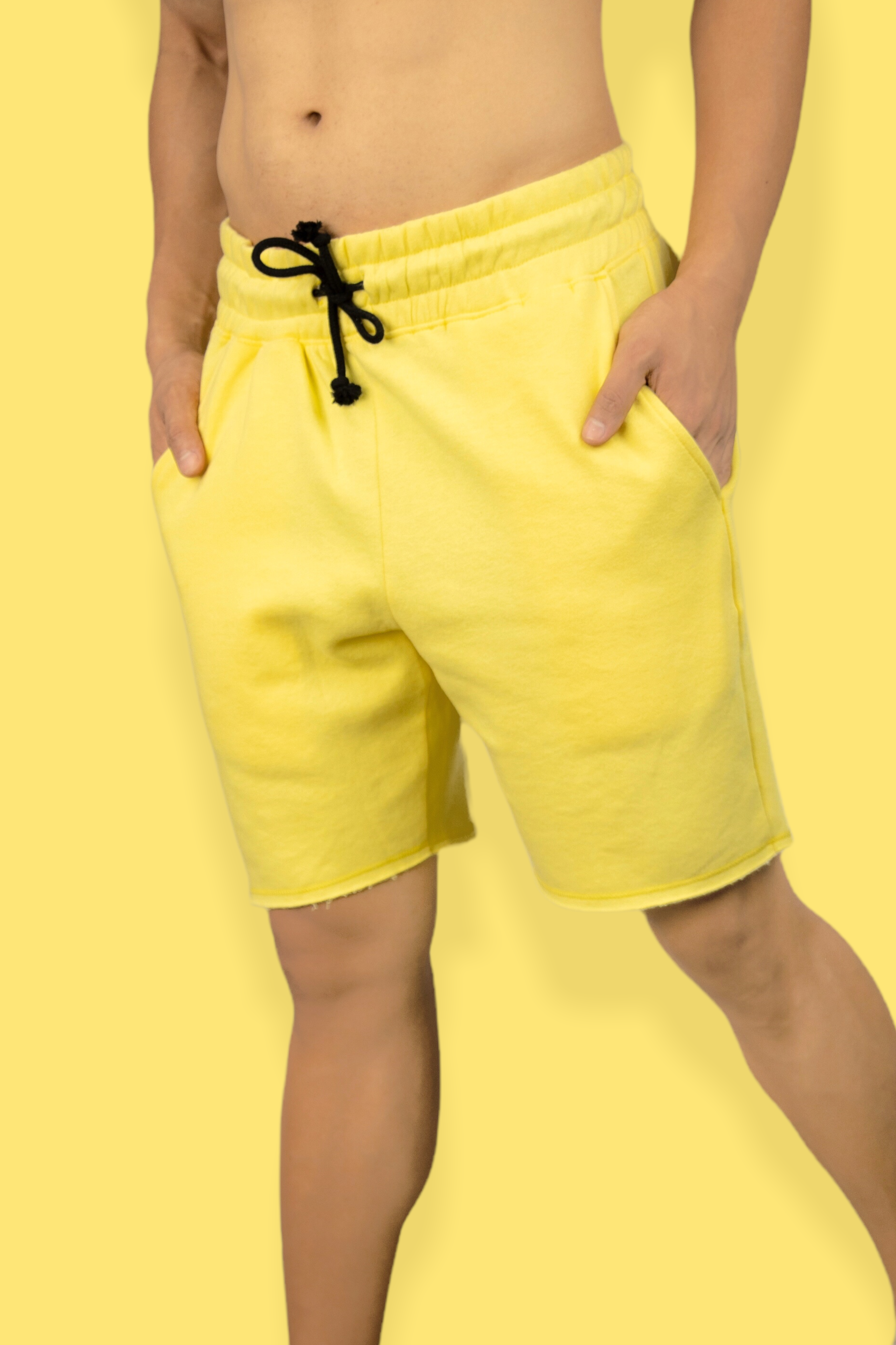 Lemon Yellow casual cotton fleece shorts for men