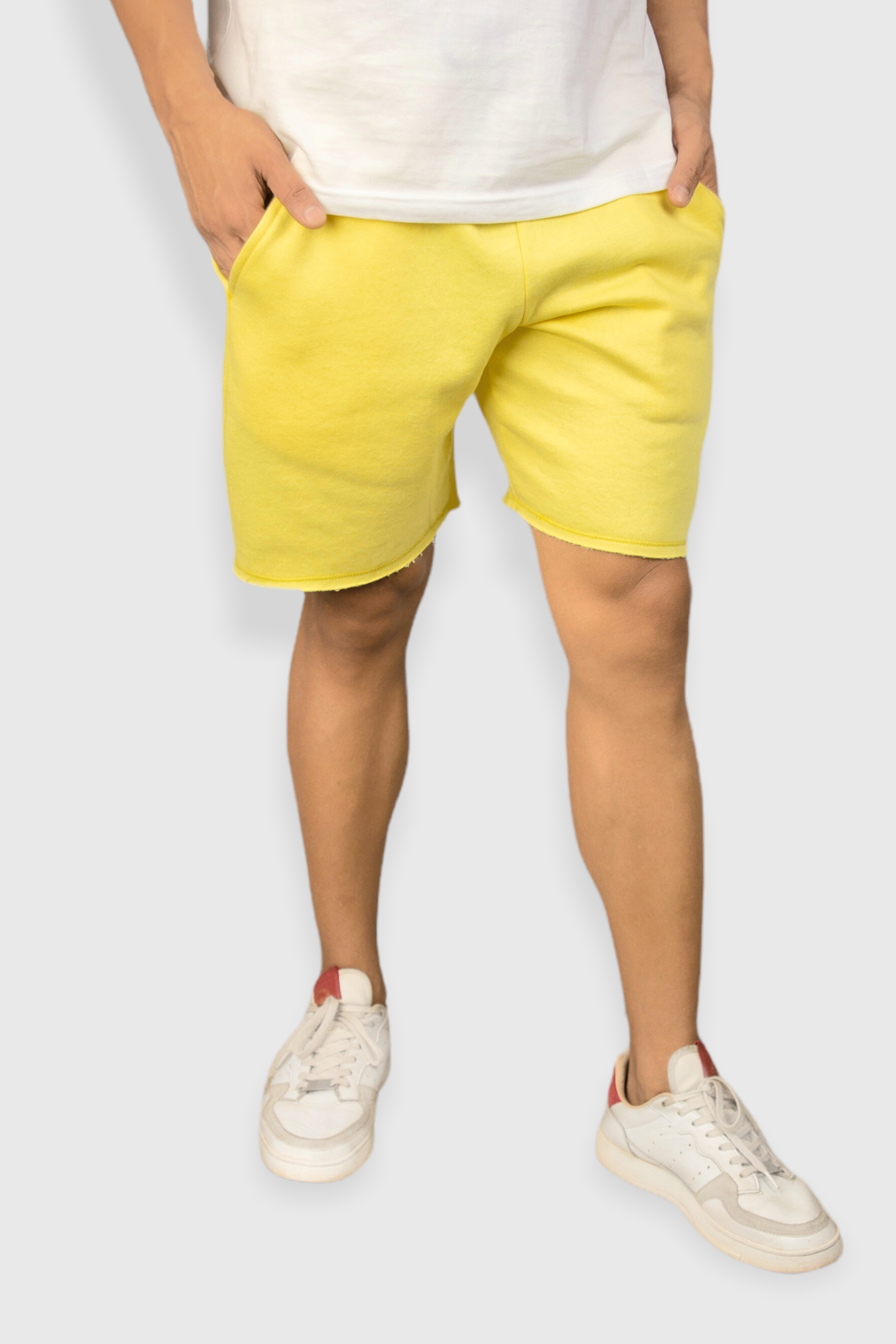 Lemon Yellow casual cotton fleece shorts for men