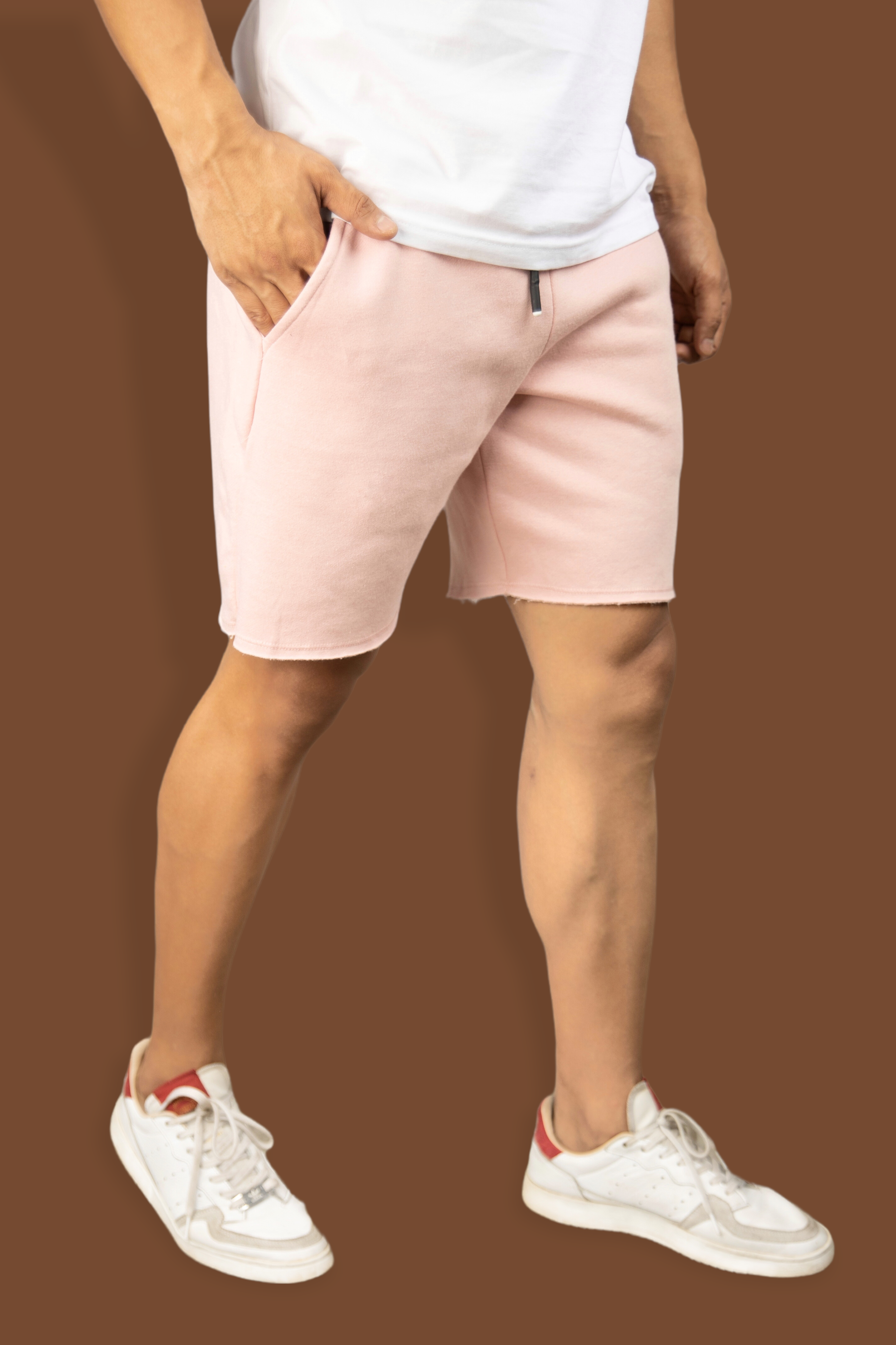 Pink casual cotton fleece cut hem shorts for men