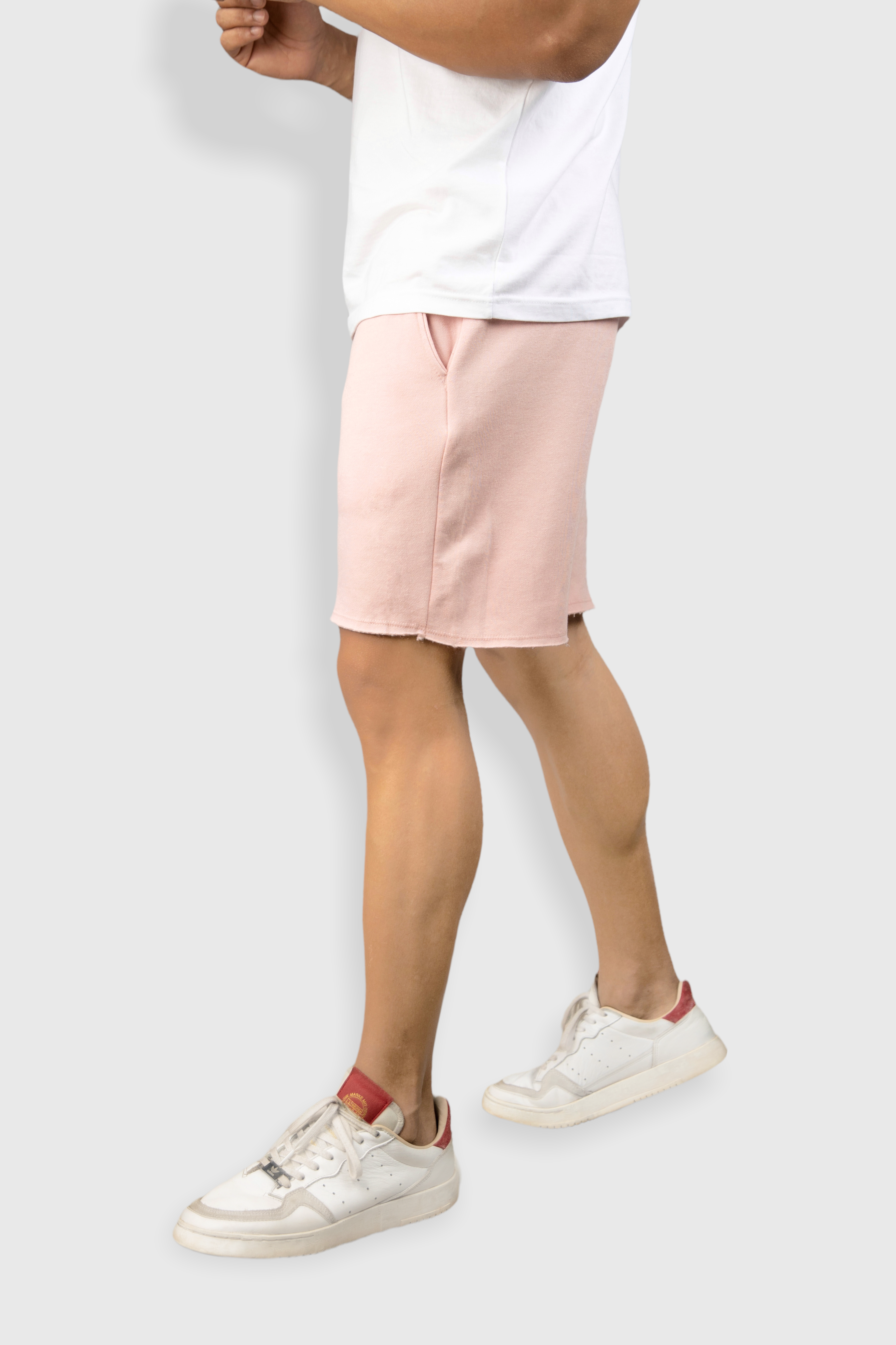 Pink casual cotton fleece cut hem shorts for men