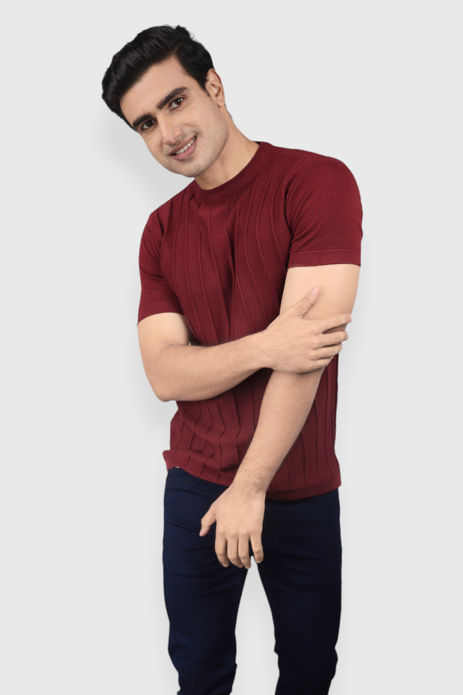 Maroon Half Sleeve Flat Knit self striped Round neck T-Shirt for men