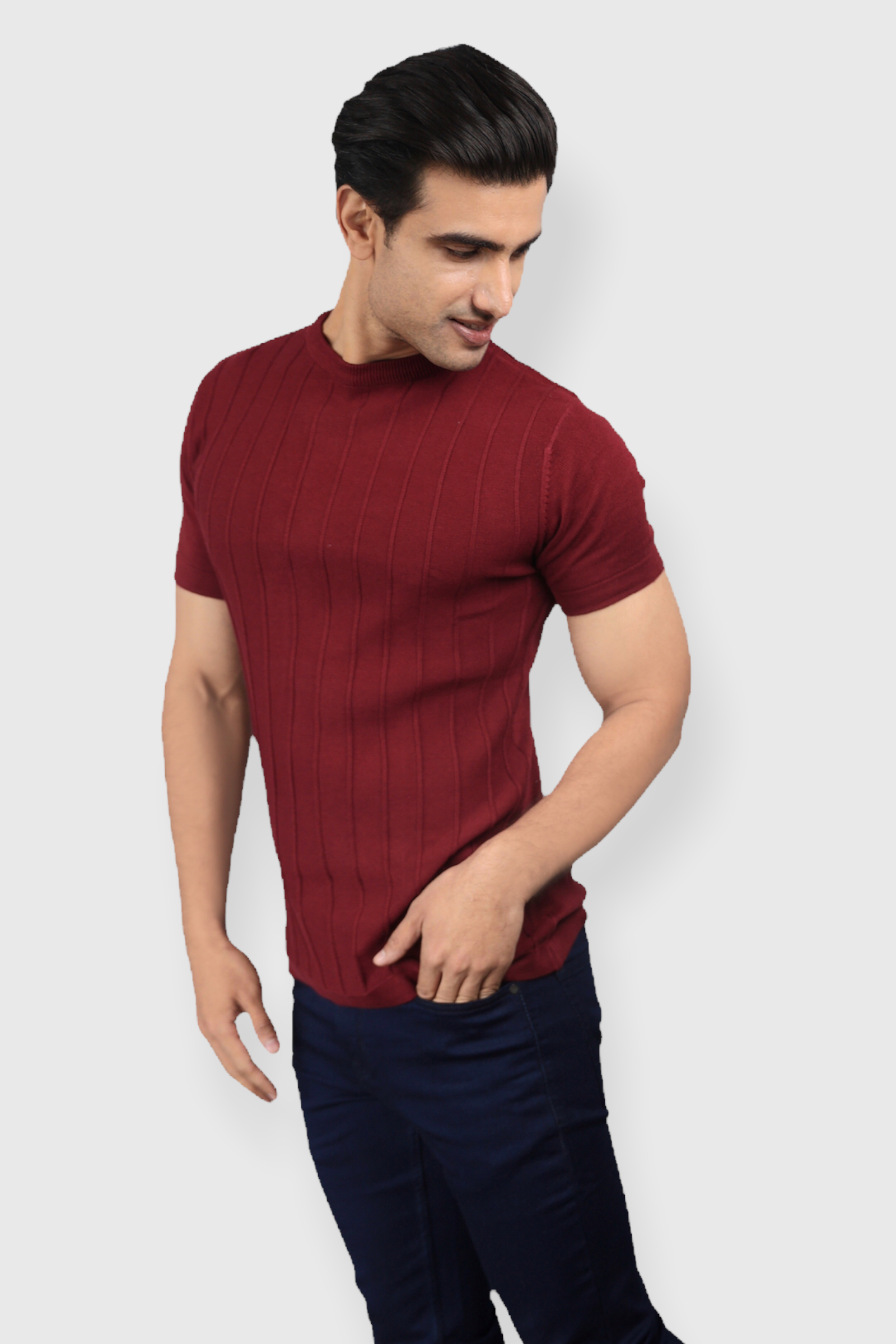 Maroon Half Sleeve Flat Knit self striped Round neck T-Shirt for men