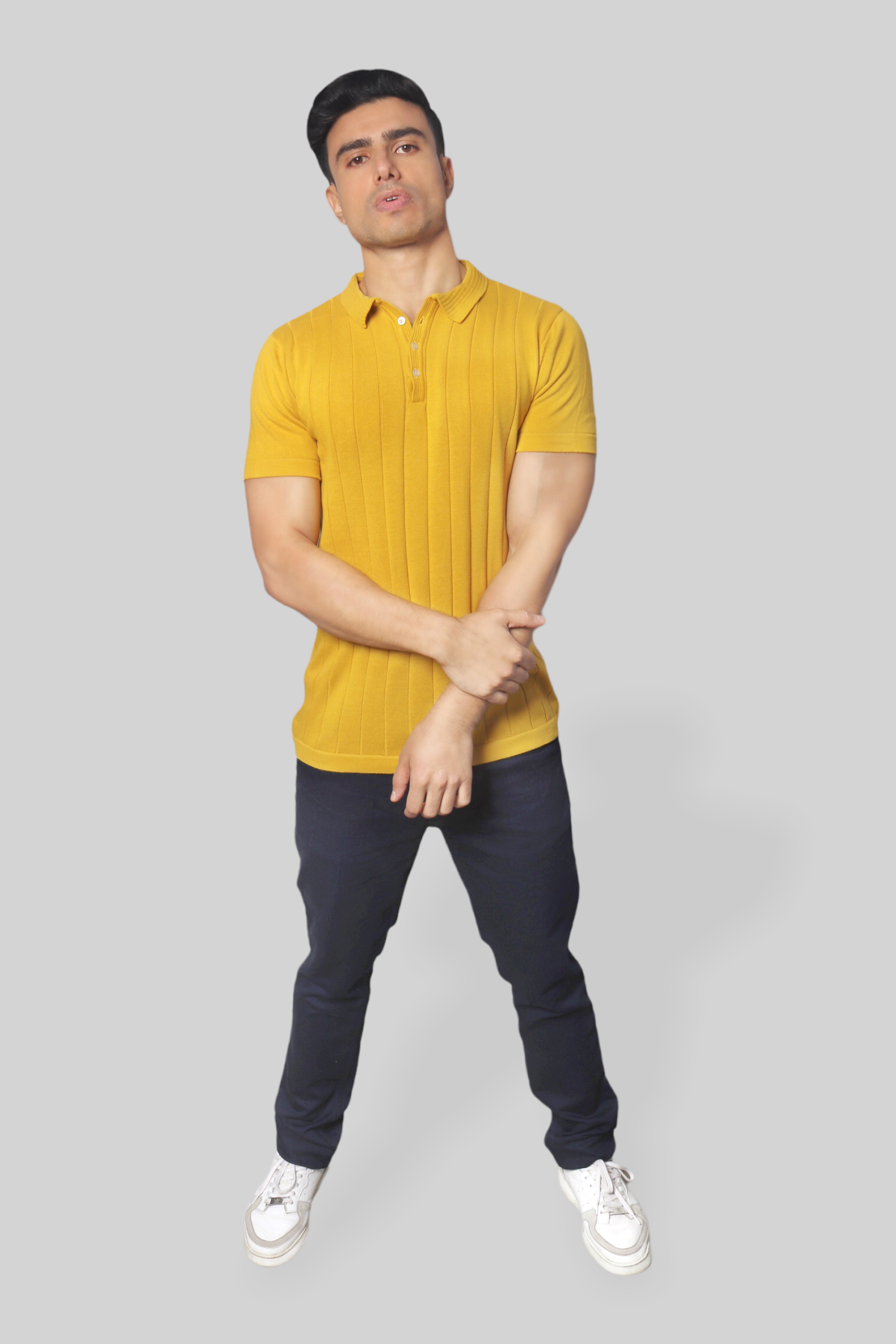 Mustard Half Sleeve self textured Flat Knit Collar T-Shirt