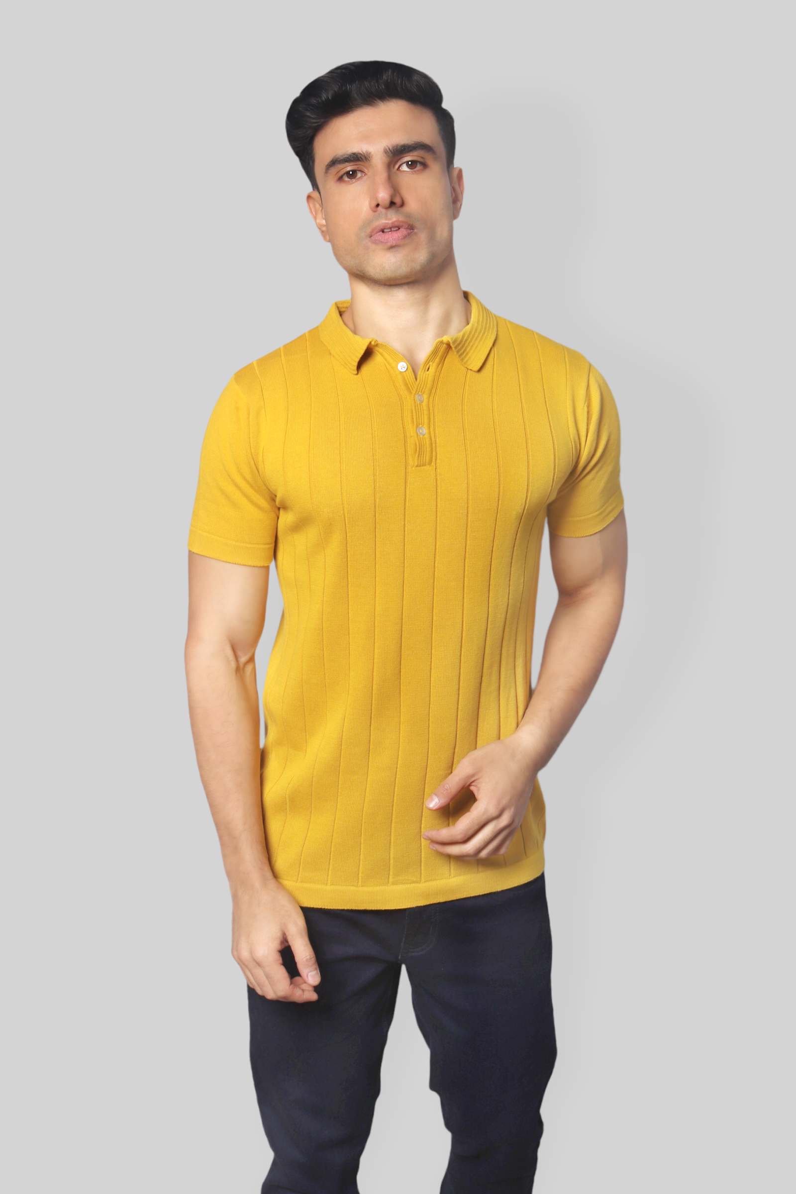 Mustard Half Sleeve self textured Flat Knit Collar T-Shirt