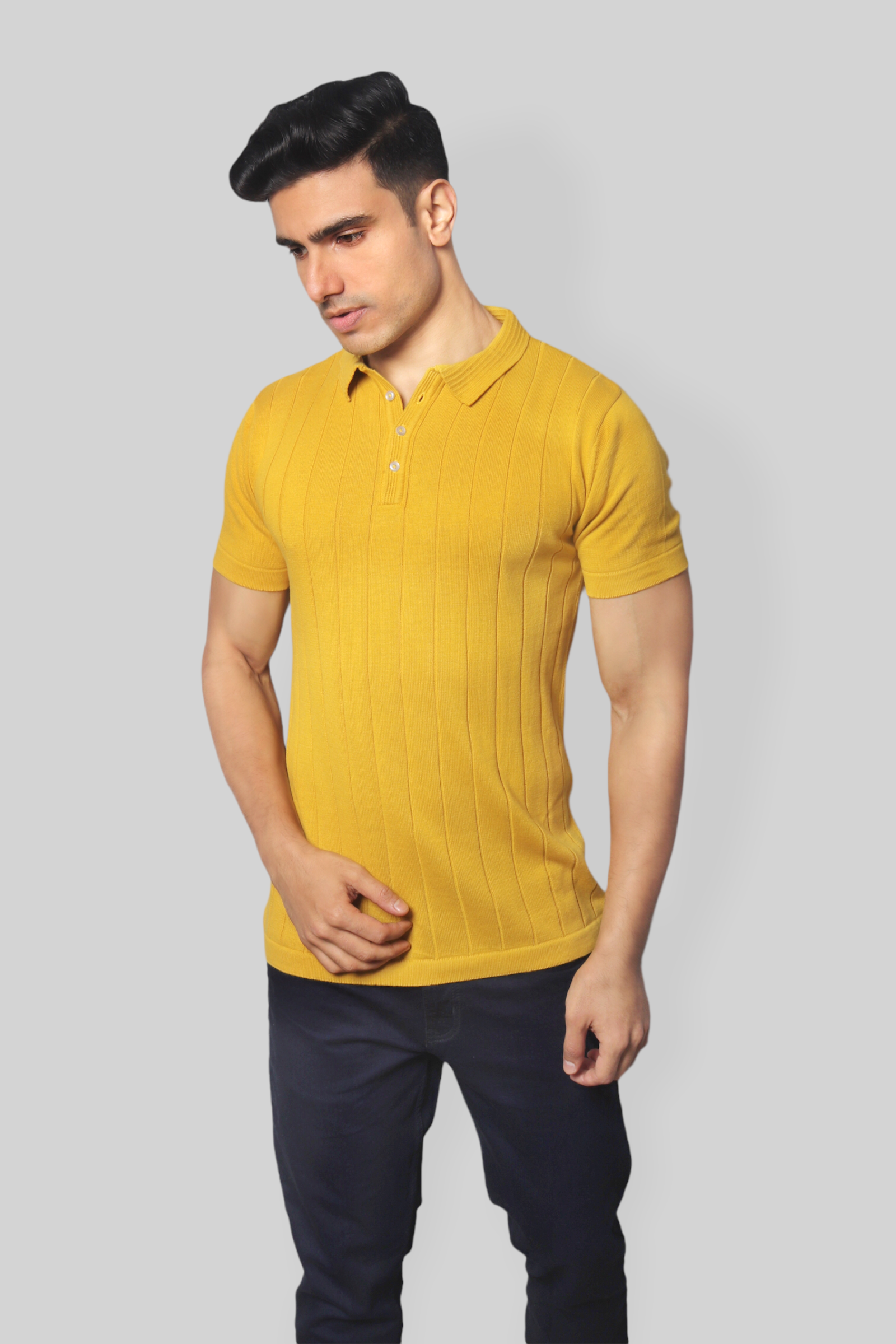 Mustard Half Sleeve self textured Flat Knit Collar T-Shirt