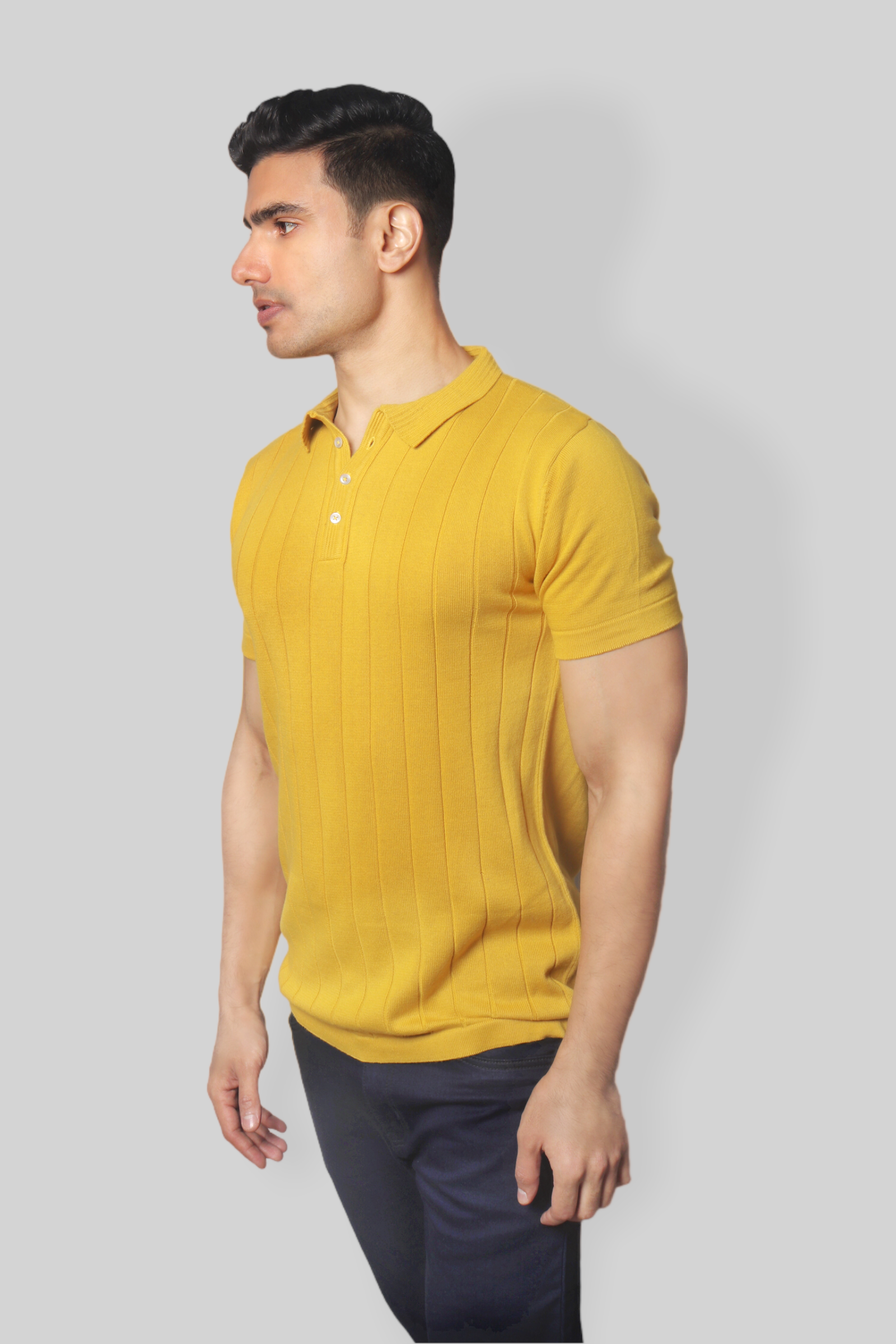 Mustard Half Sleeve self textured Flat Knit Collar T-Shirt