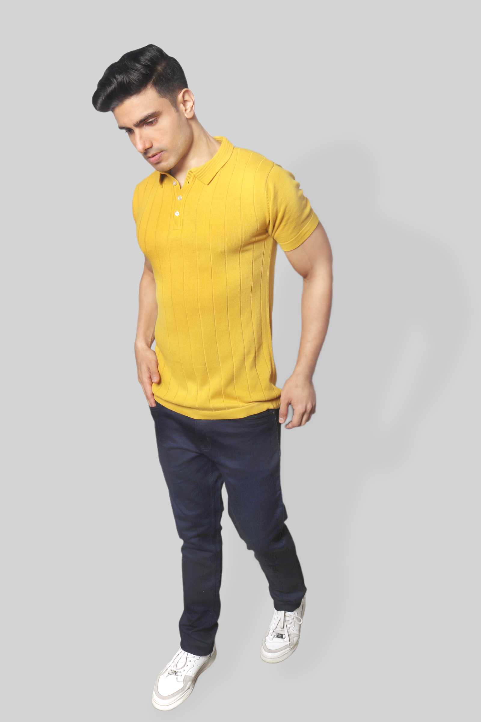 Mustard Half Sleeve self textured Flat Knit Collar T-Shirt