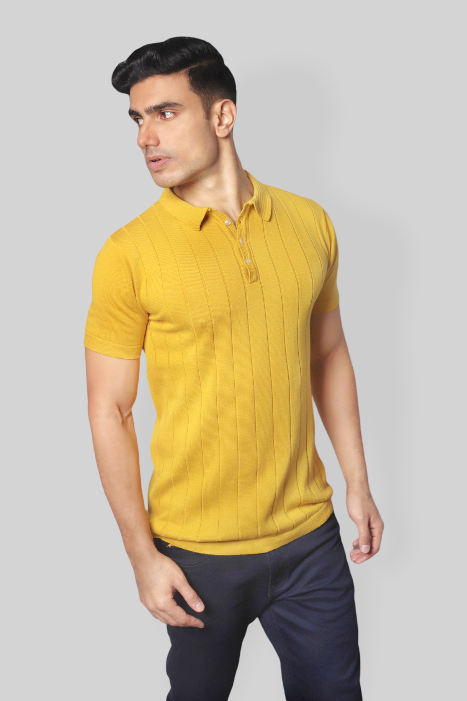 Mustard Half Sleeve self textured Flat Knit Collar T-Shirt