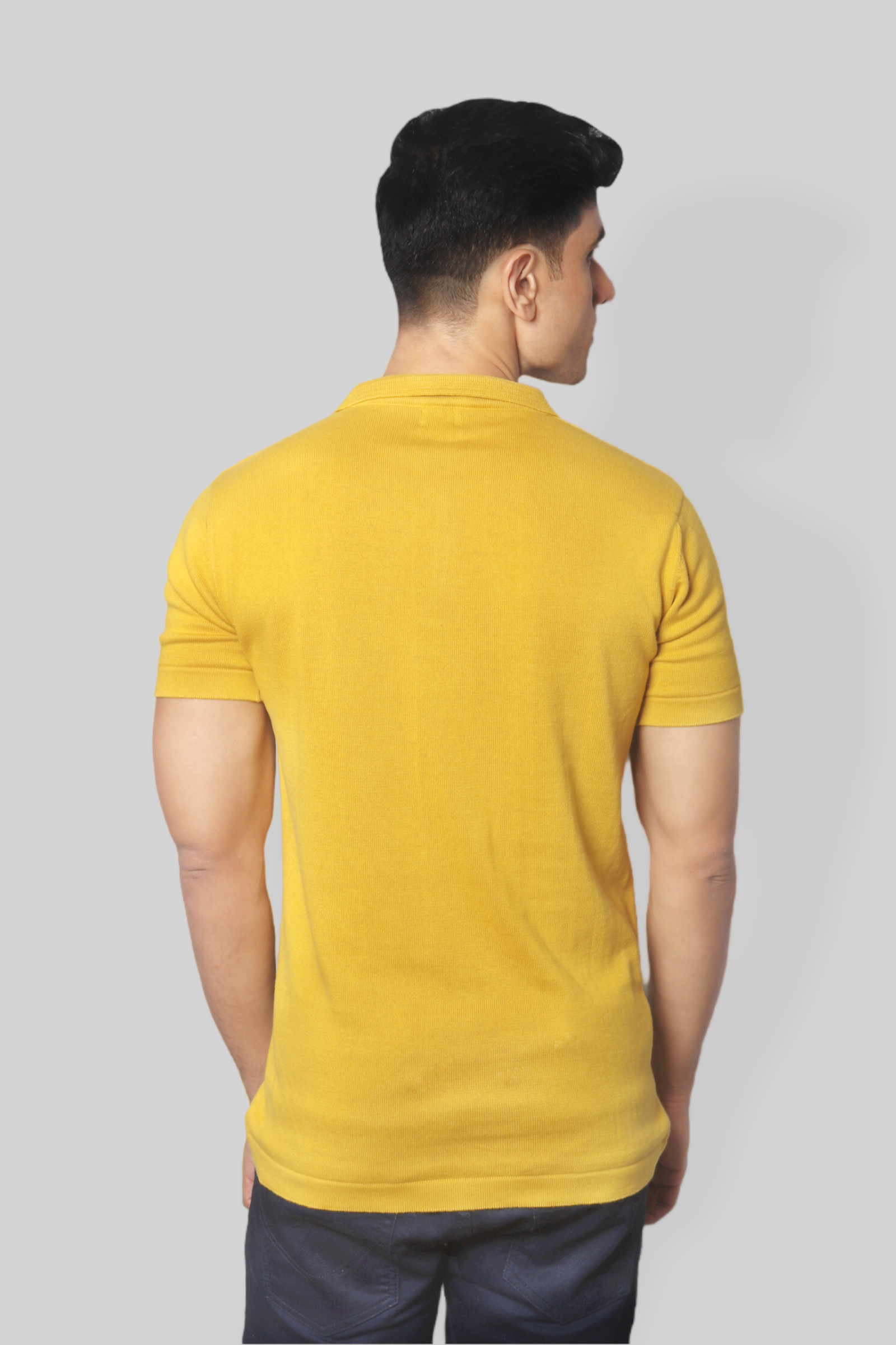 Mustard Half Sleeve self textured Flat Knit Collar T-Shirt
