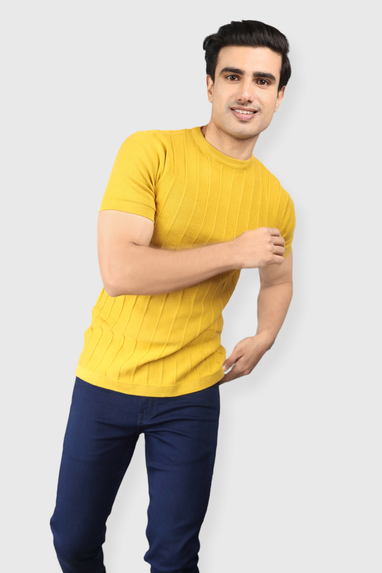 Mustard Half Sleeve Flat Knit self striped Round neck T-Shirt for men