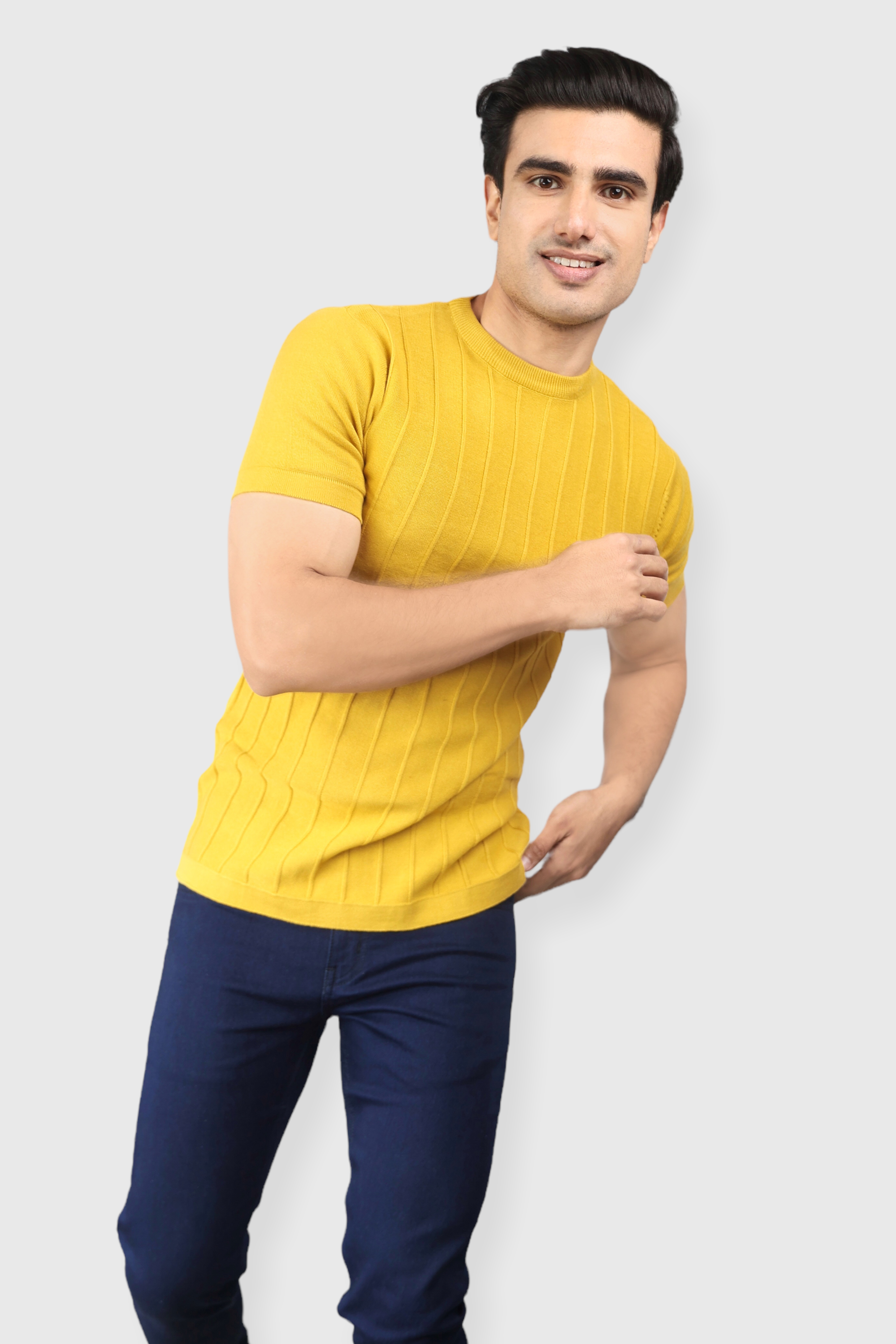 Mustard Half Sleeve Flat Knit self striped Round neck T-Shirt for men