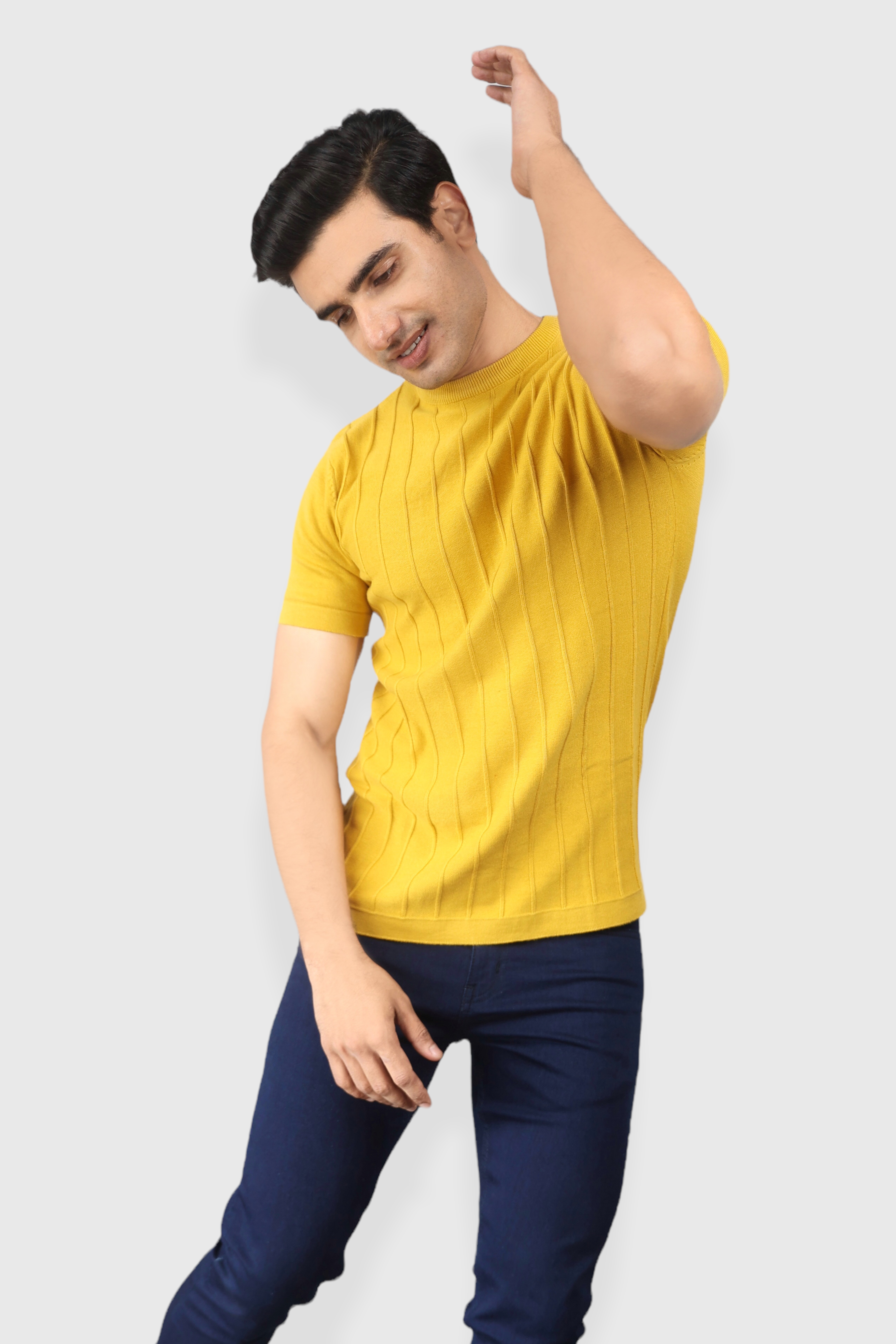 Mustard Half Sleeve Flat Knit self striped Round neck T-Shirt for men