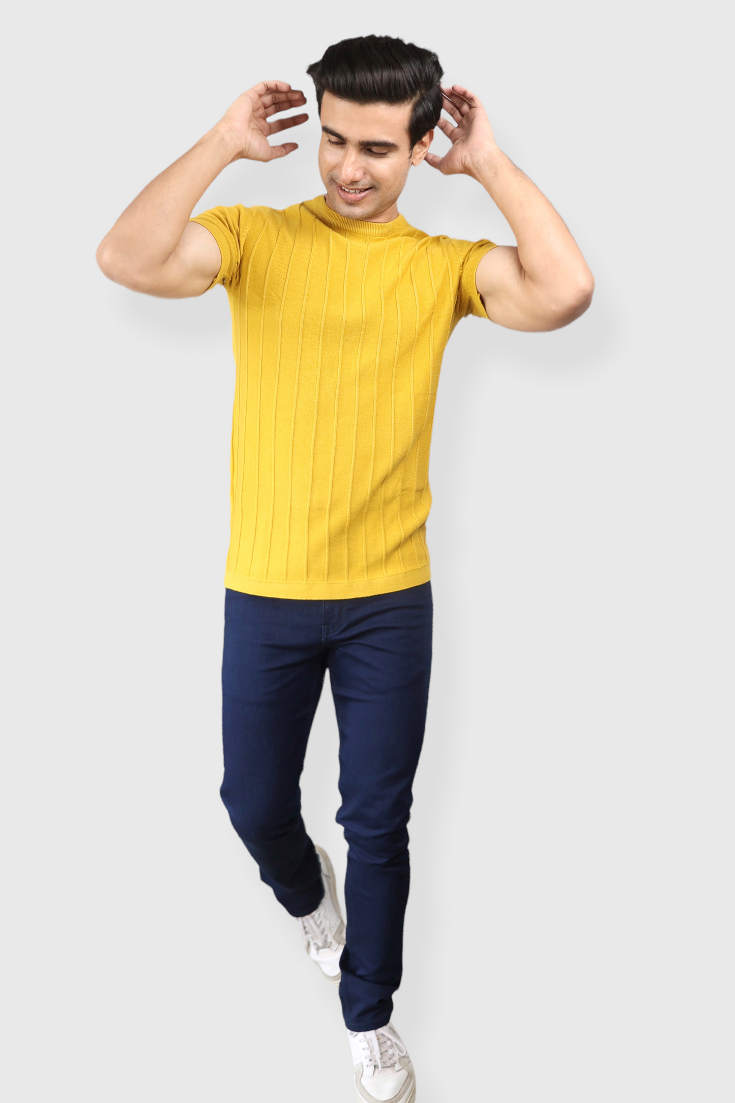 Mustard Half Sleeve Flat Knit self striped Round neck T-Shirt for men