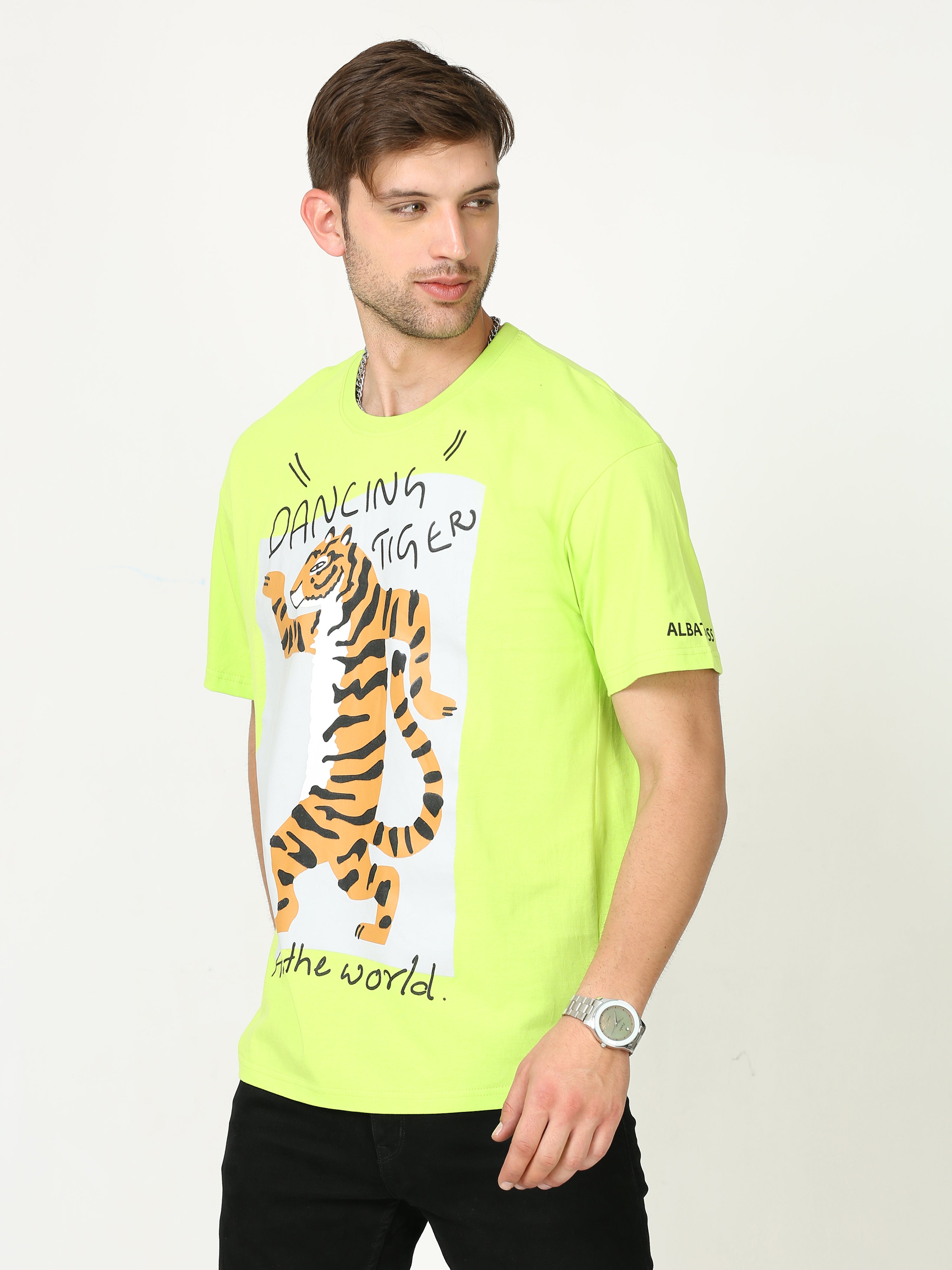 Neon Green dancing tiger Printed Oversized T-shirt