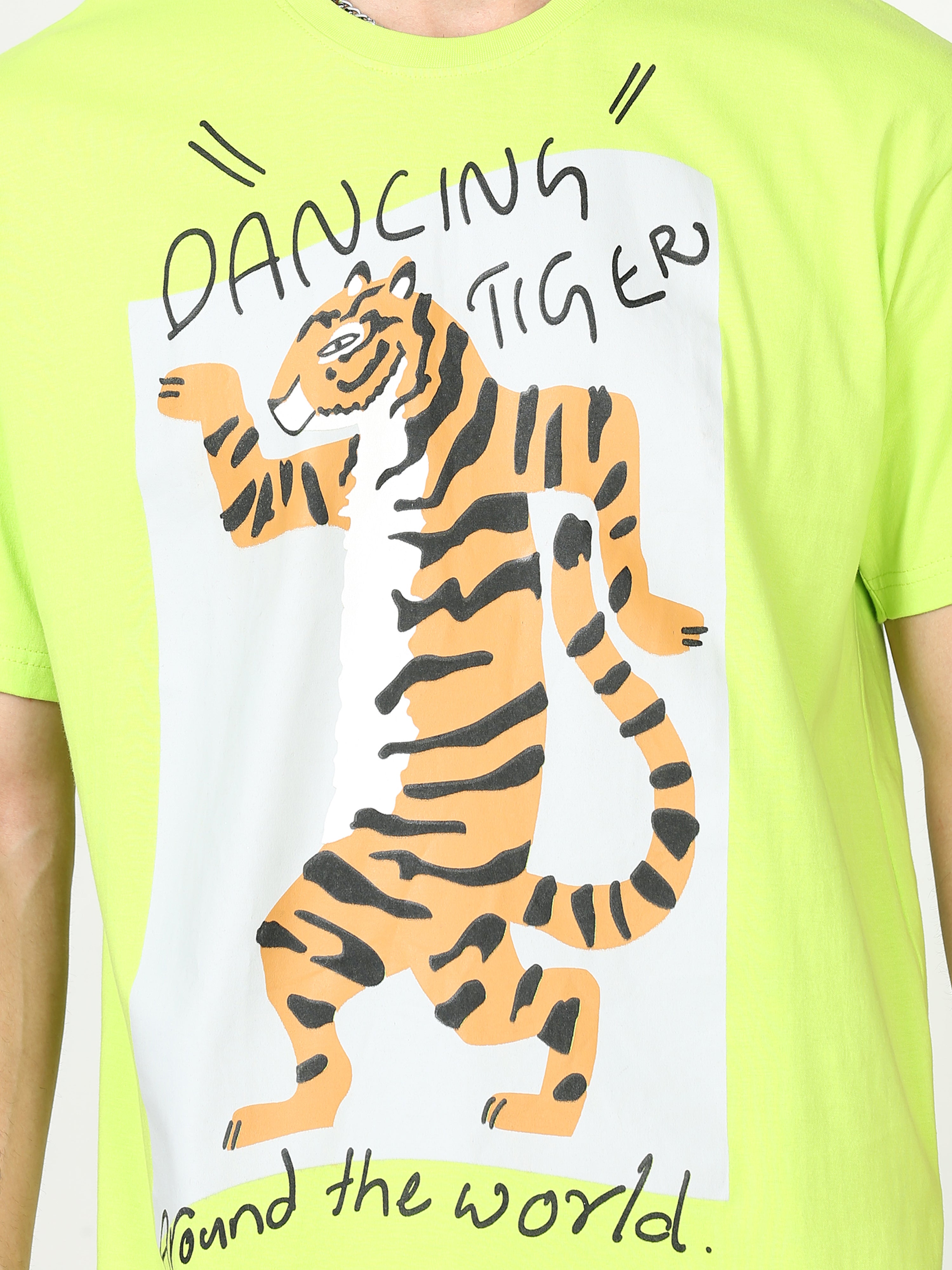 Neon Green dancing tiger Printed Oversized T-shirt