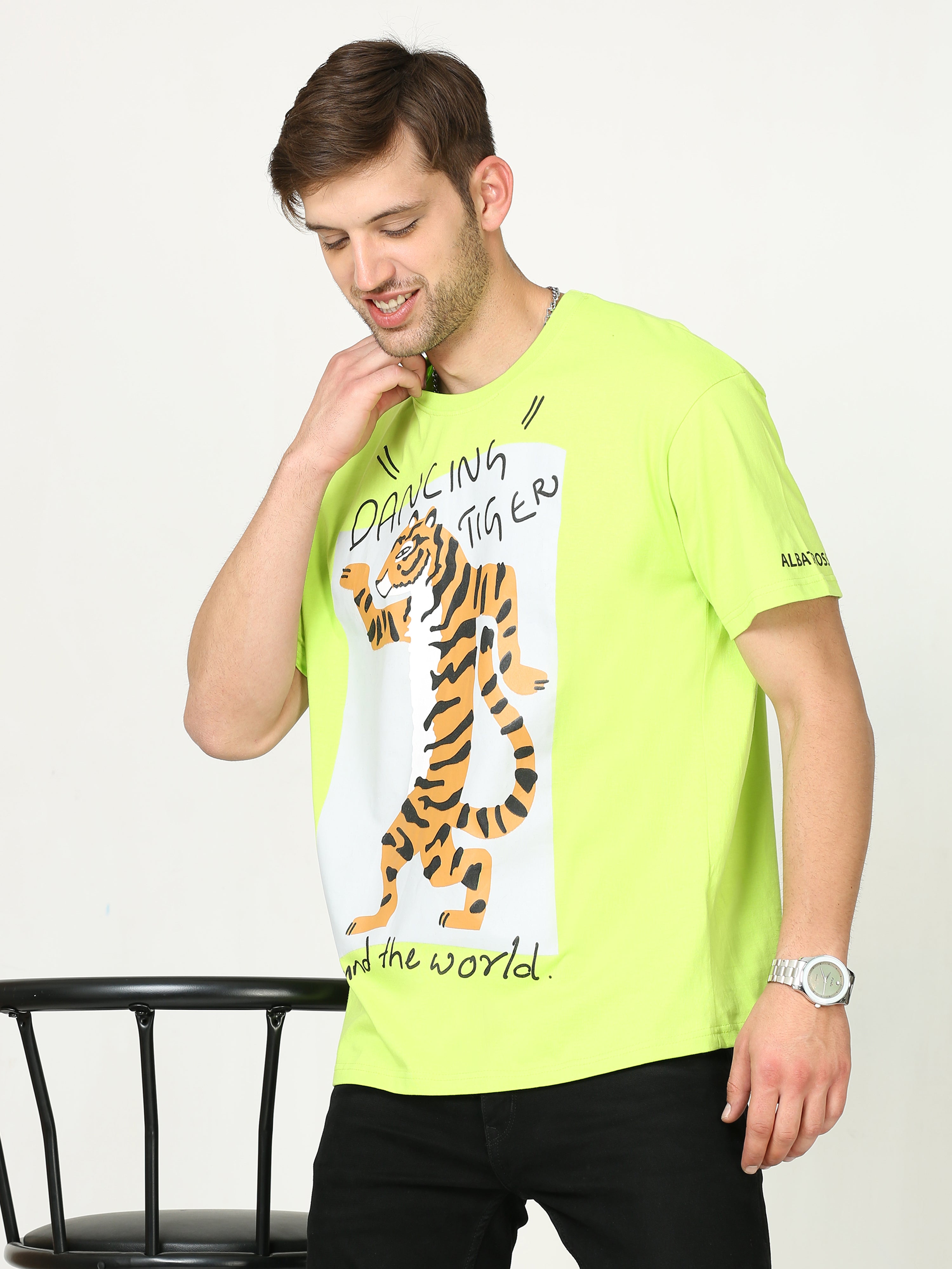 Neon Green dancing tiger Printed Oversized T-shirt
