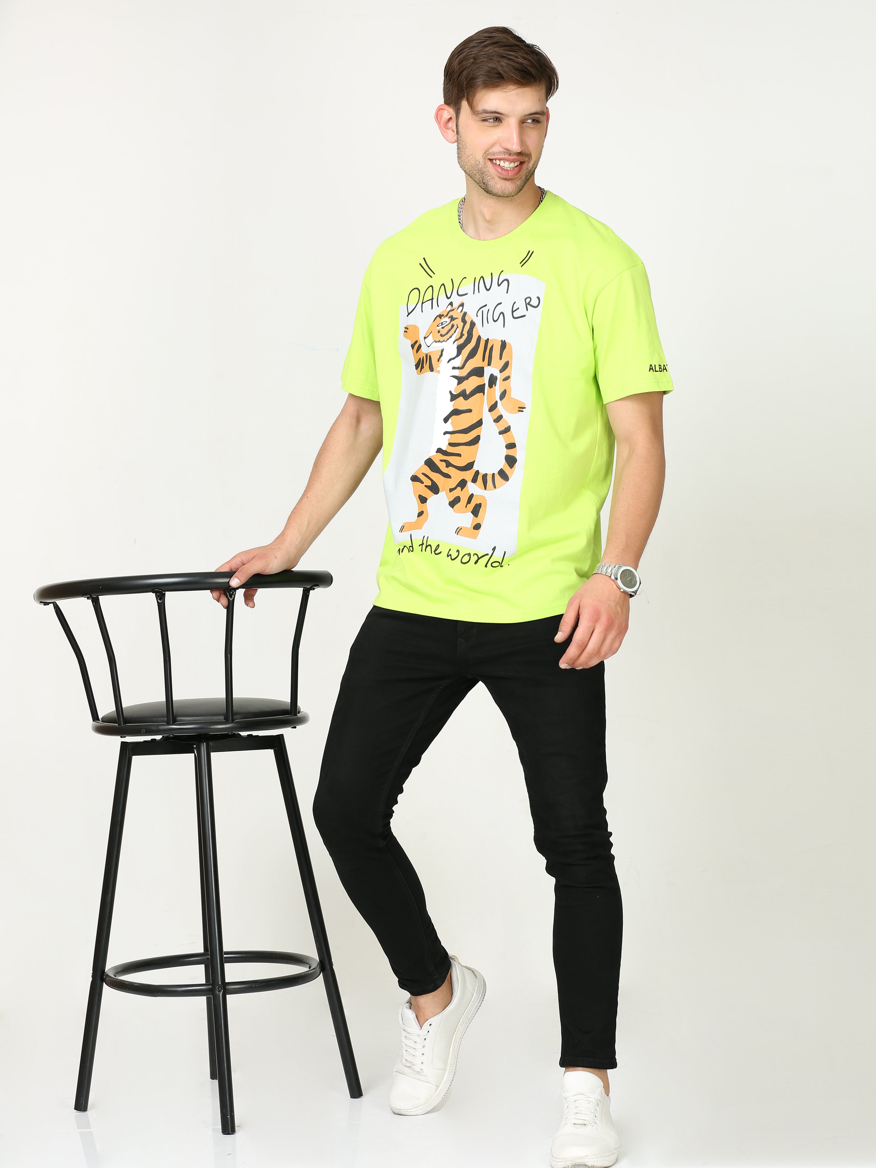 Neon Green dancing tiger Printed Oversized T-shirt