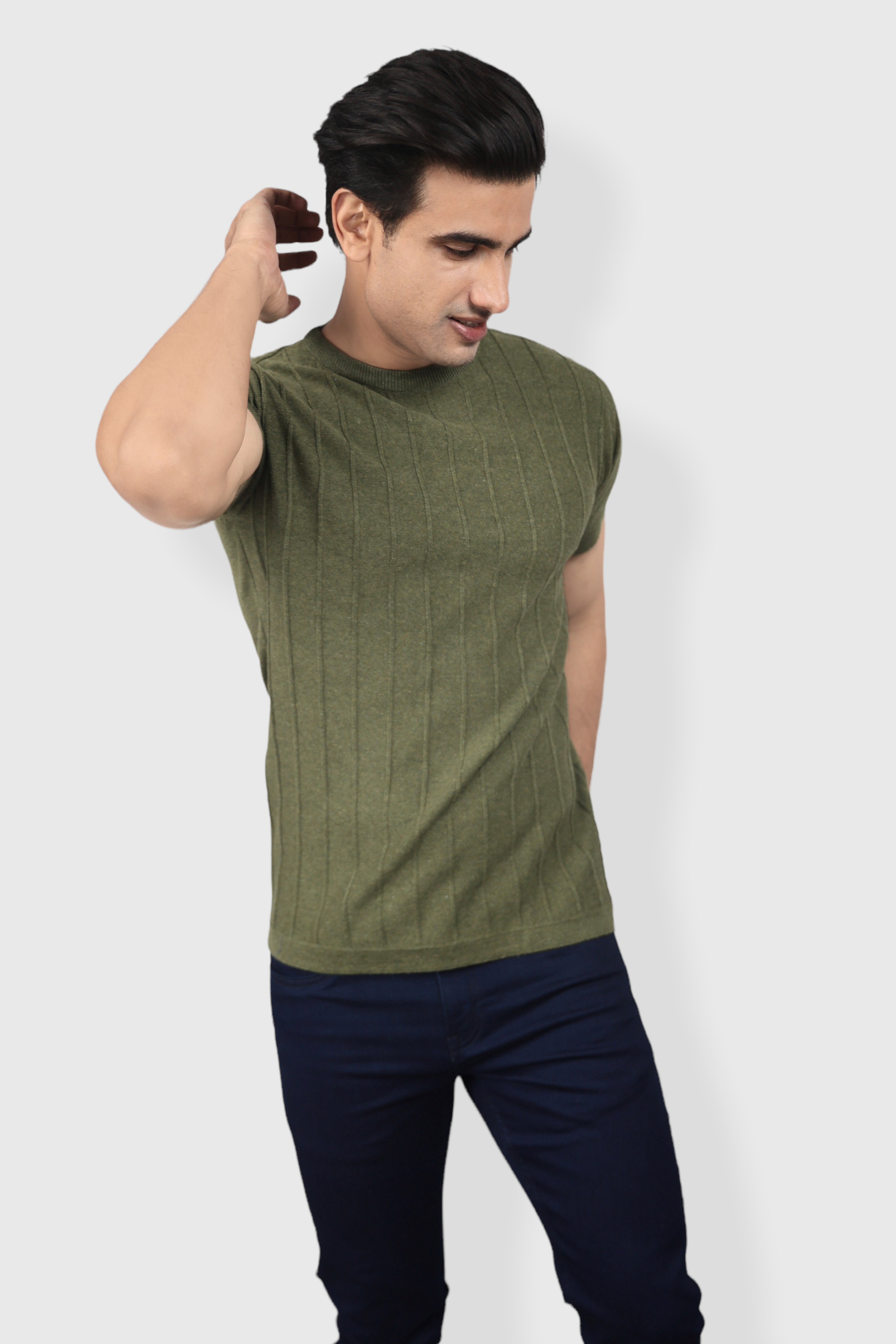 olive Green Half Sleeve Flat Knit self striped Round neck T-Shirt for men