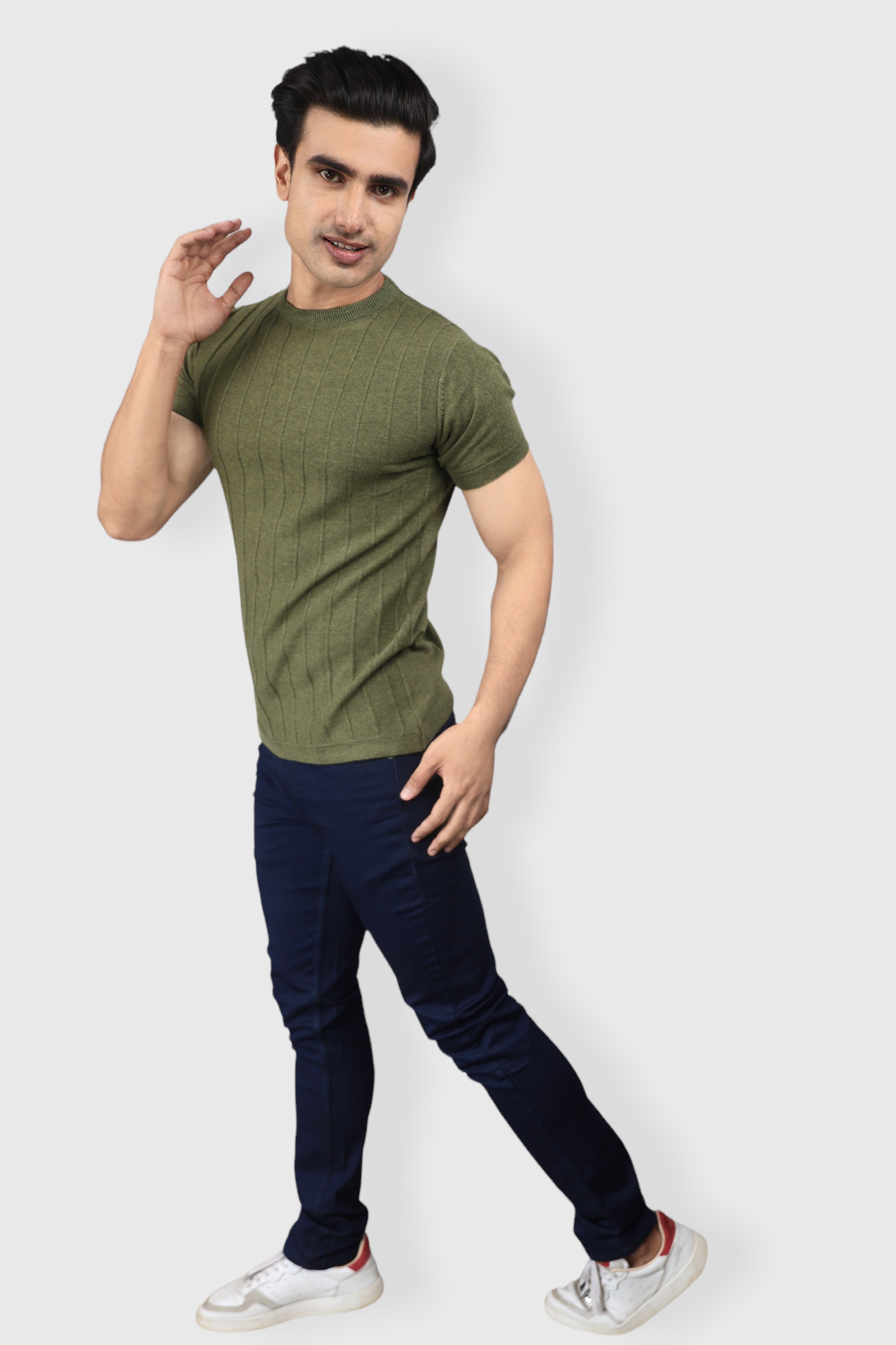olive Green Half Sleeve Flat Knit self striped Round neck T-Shirt for men