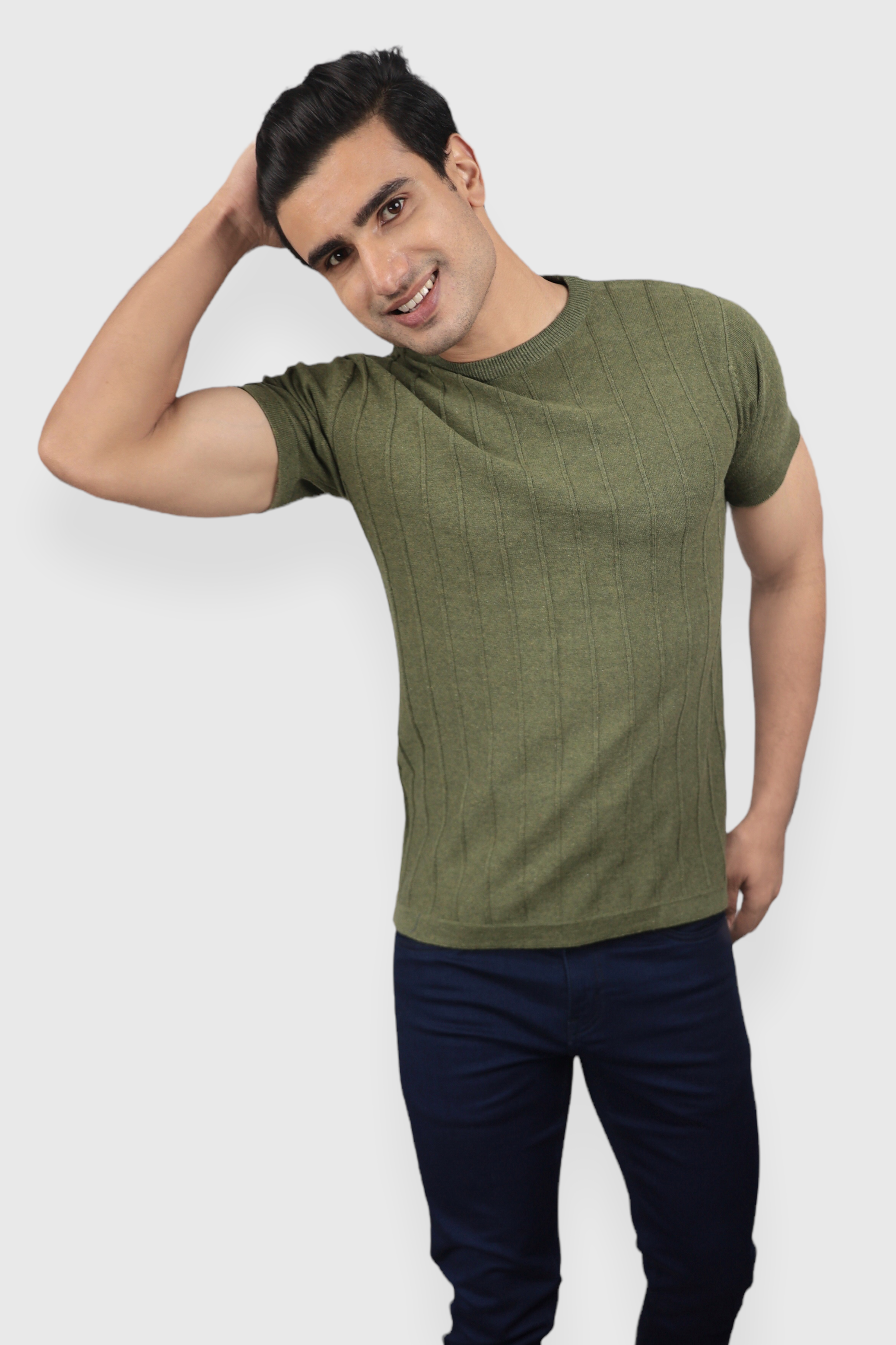 olive Green Half Sleeve Flat Knit self striped Round neck T-Shirt for men