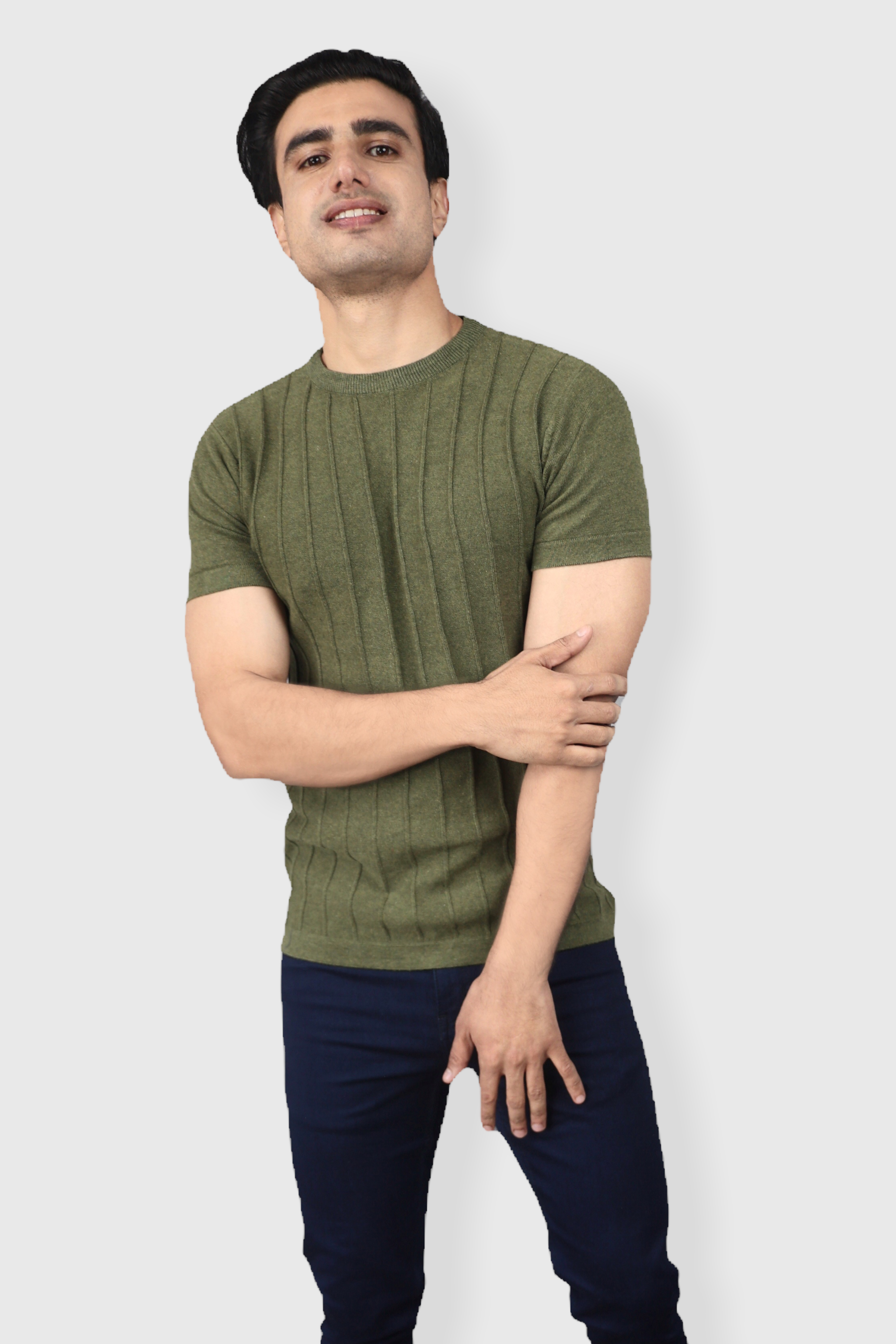 olive Green Half Sleeve Flat Knit self striped Round neck T-Shirt for men