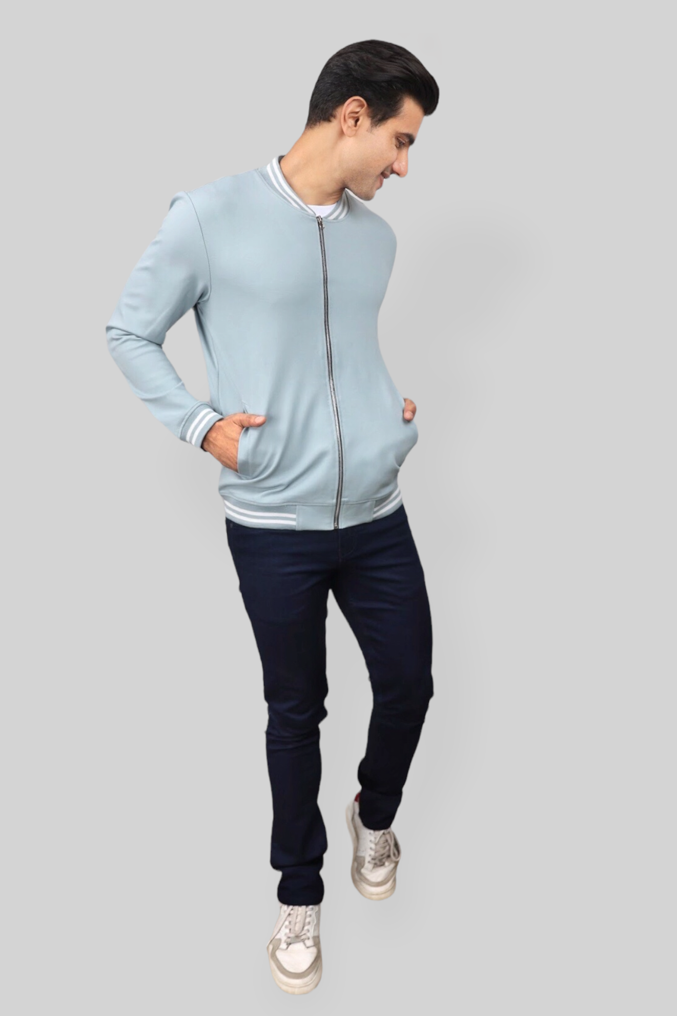 Classic Pastel Blue Bomber Jacket for men