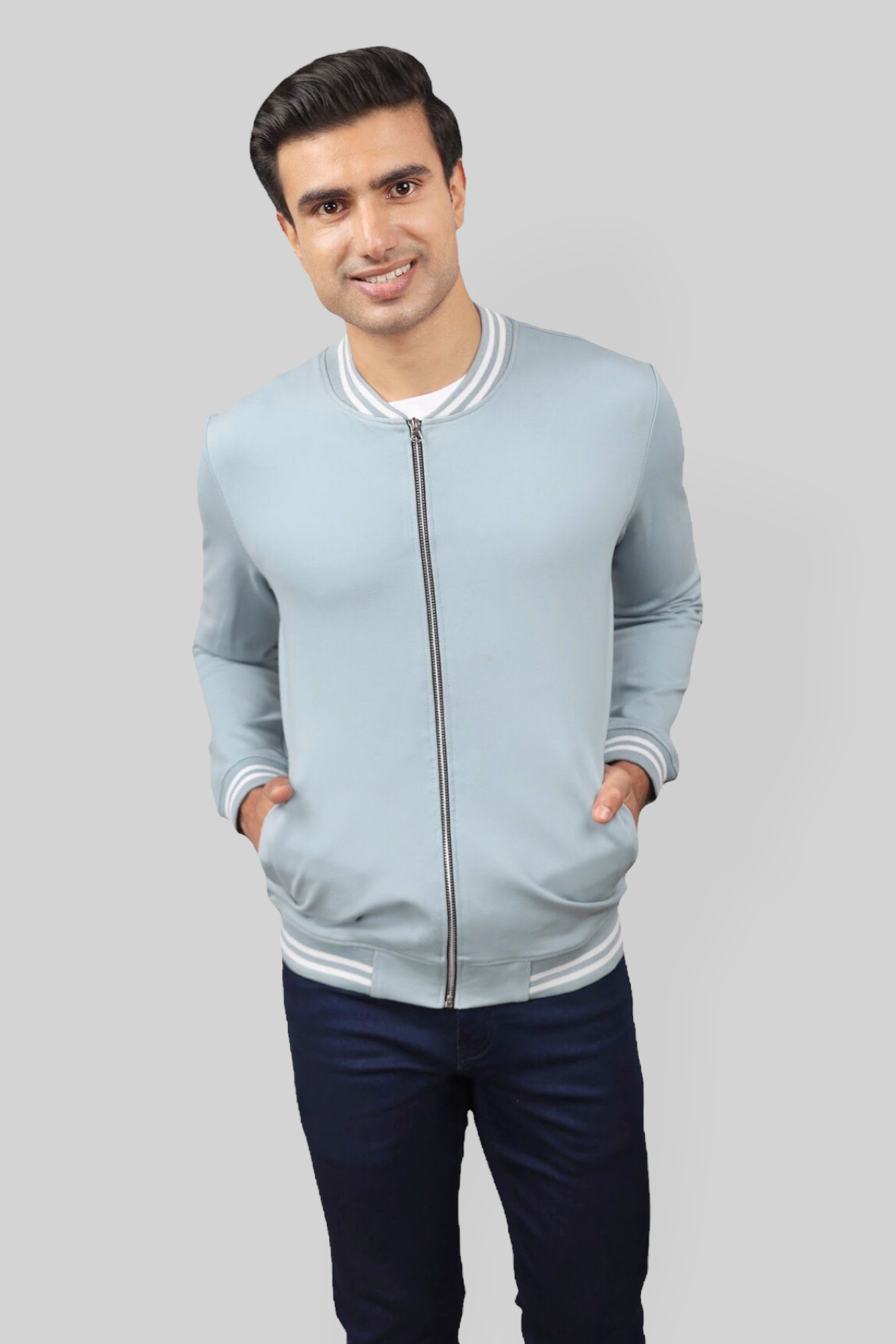 Classic Pastel Blue Bomber Jacket for men