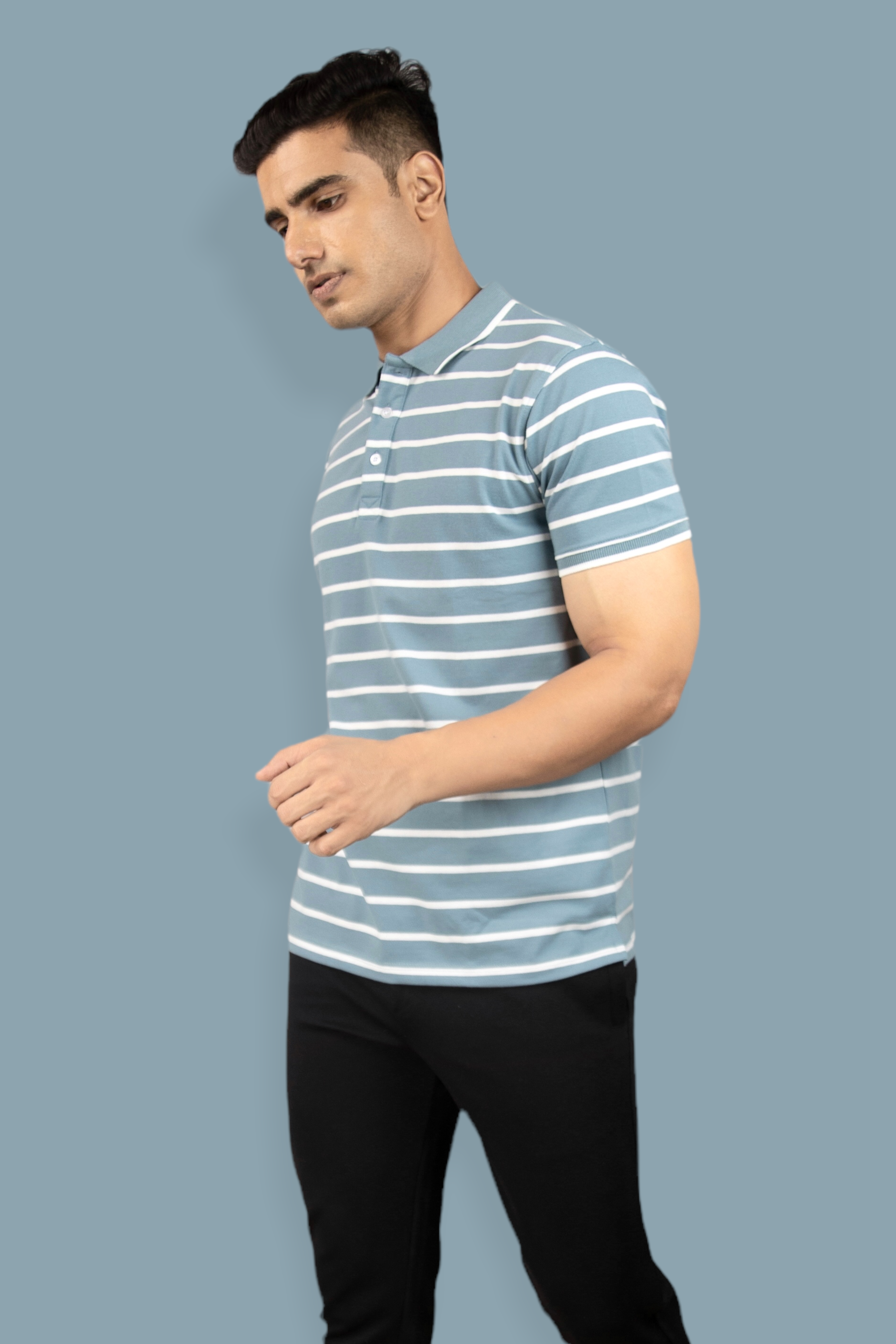 Albatross men’s pastel blue stripe cotton Matty collar tshirt