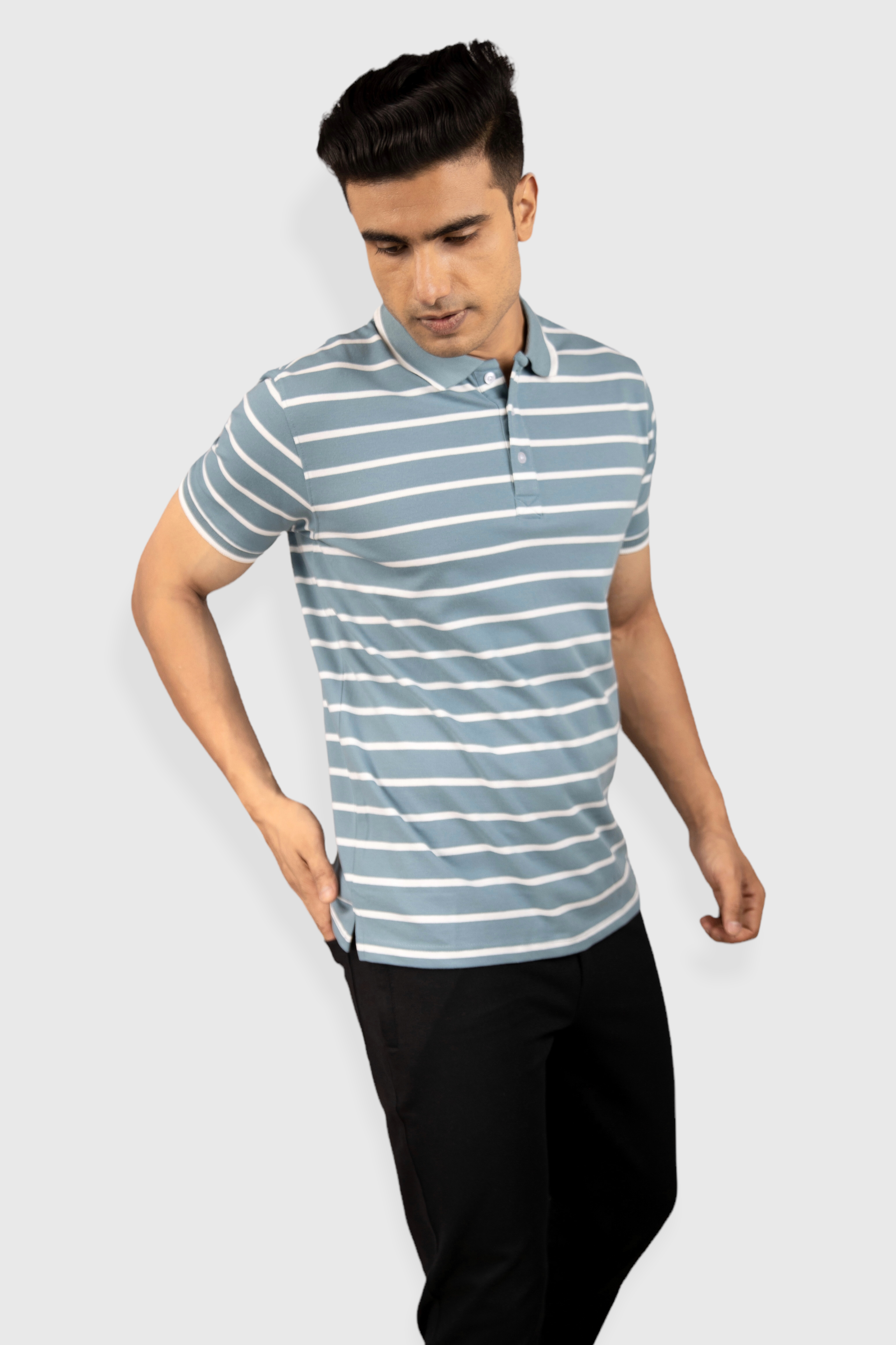 Albatross men’s pastel blue stripe cotton Matty collar tshirt