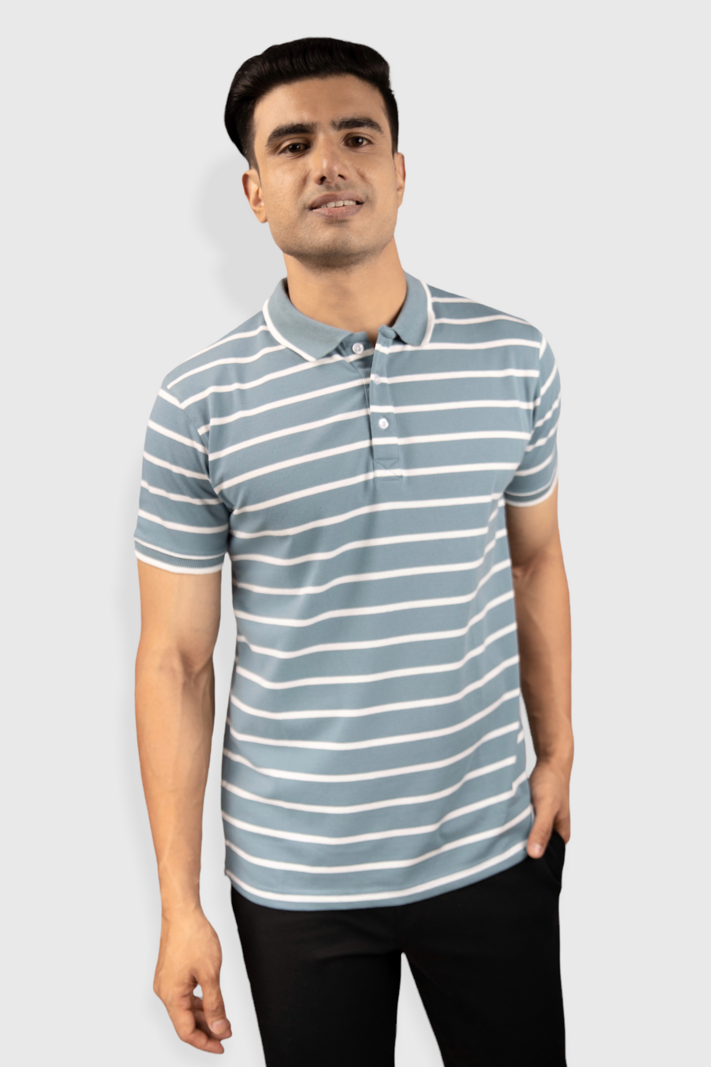 Albatross men’s pastel blue stripe cotton Matty collar tshirt