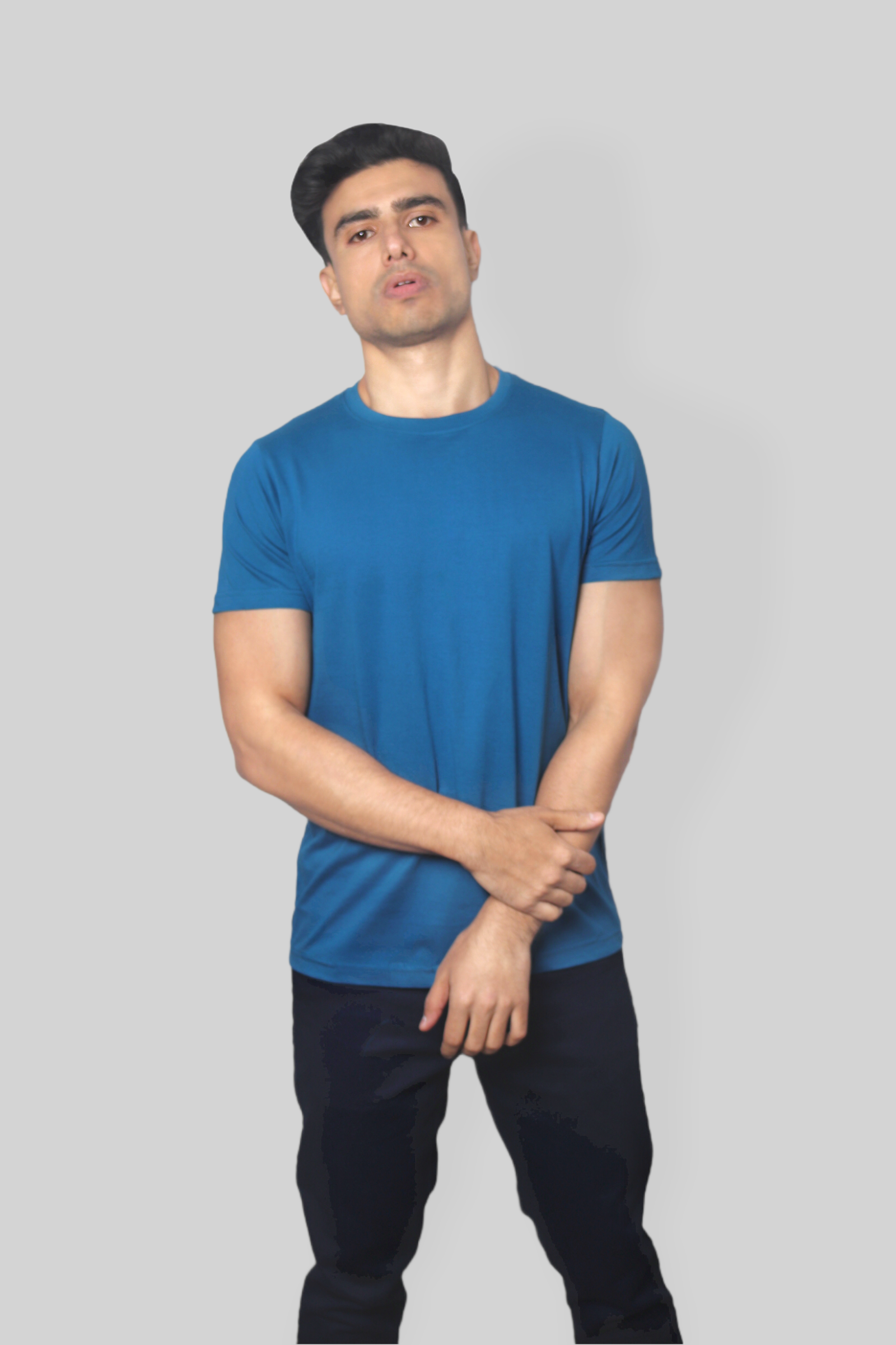 Solid Peacock Blue plain Round Neck Cotton Tshirt for men