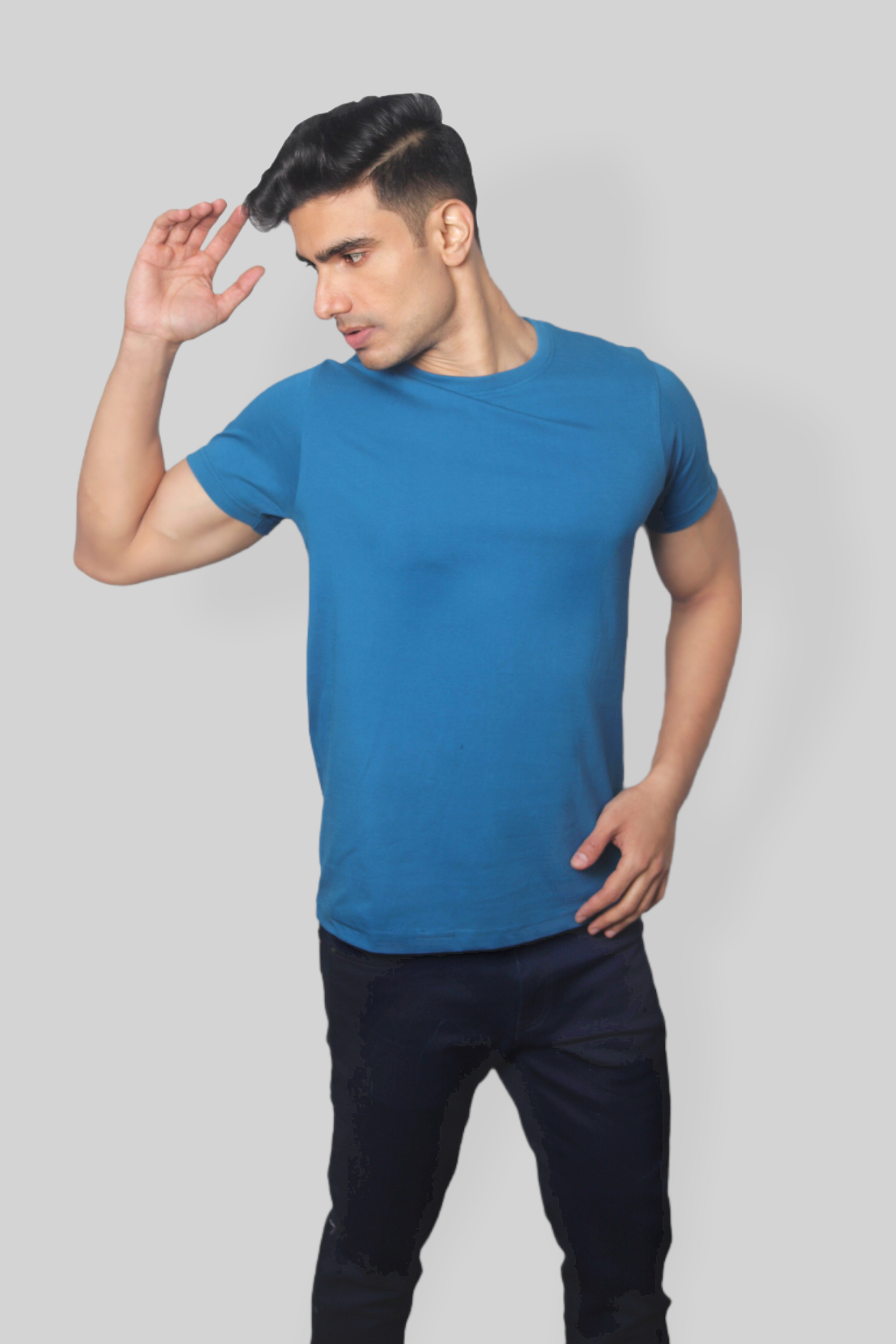 Solid Peacock Blue plain Round Neck Cotton Tshirt for men