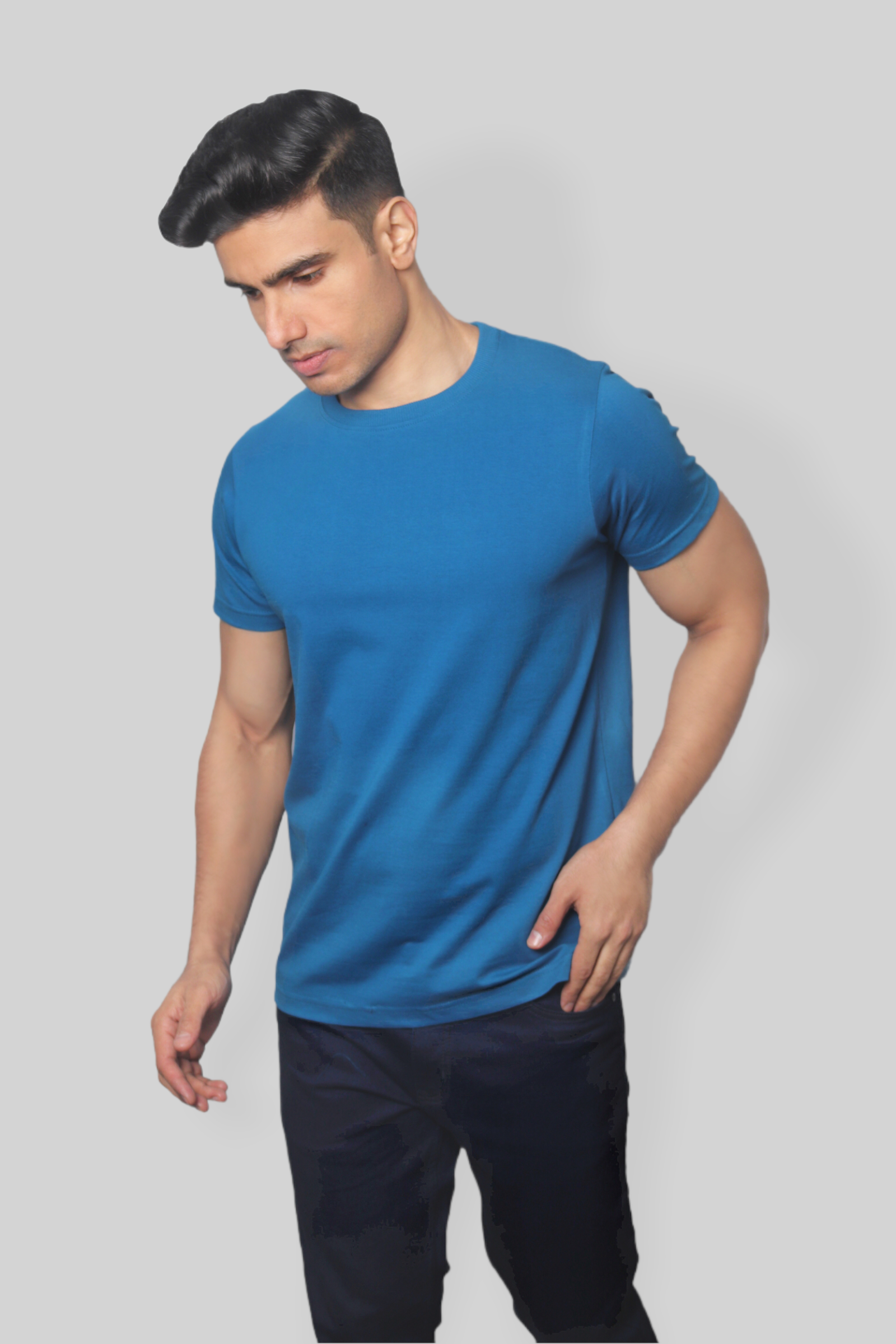 Solid Peacock Blue plain Round Neck Cotton Tshirt for men