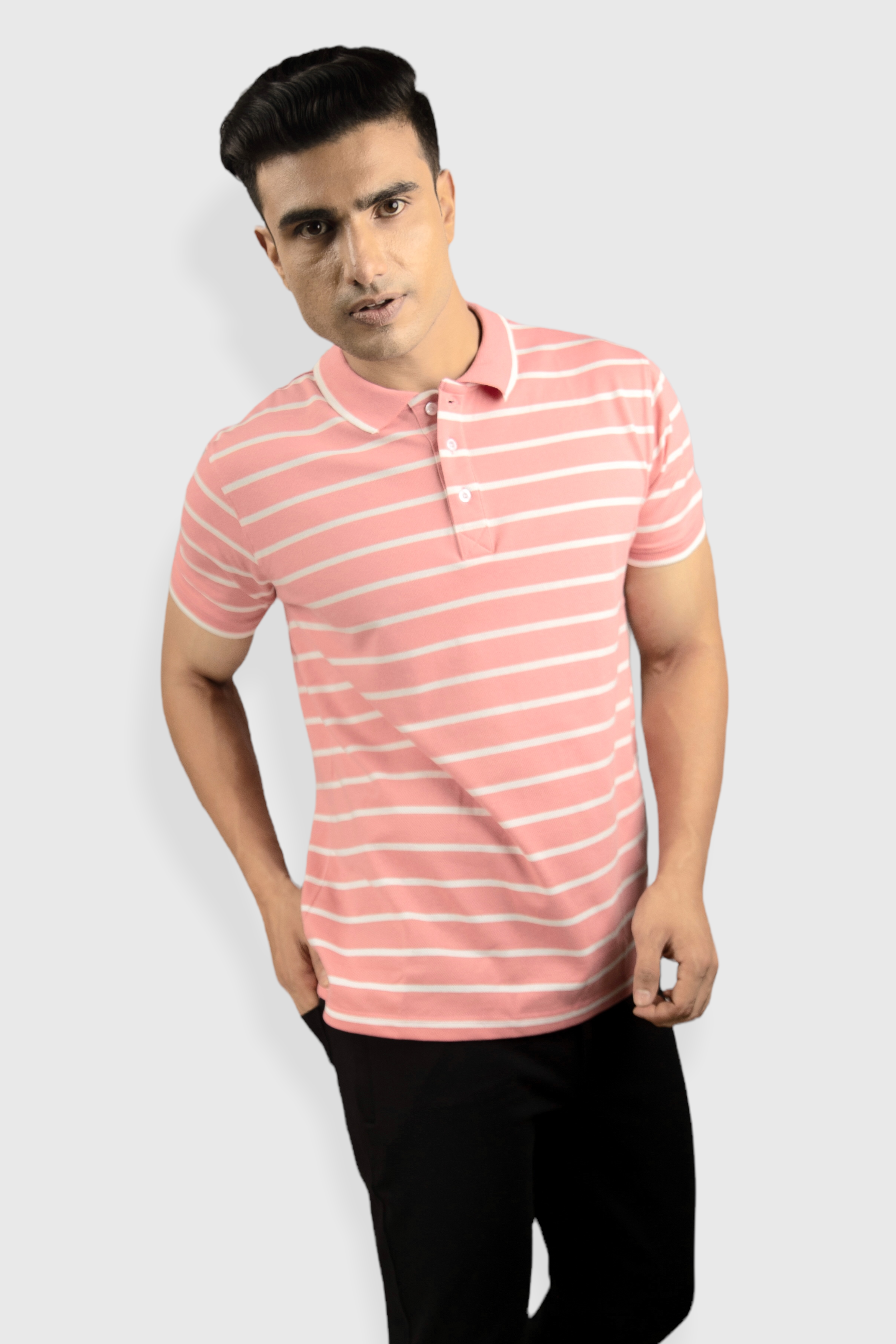 Albatross men’s pink stripe cotton Matty collar tshirt