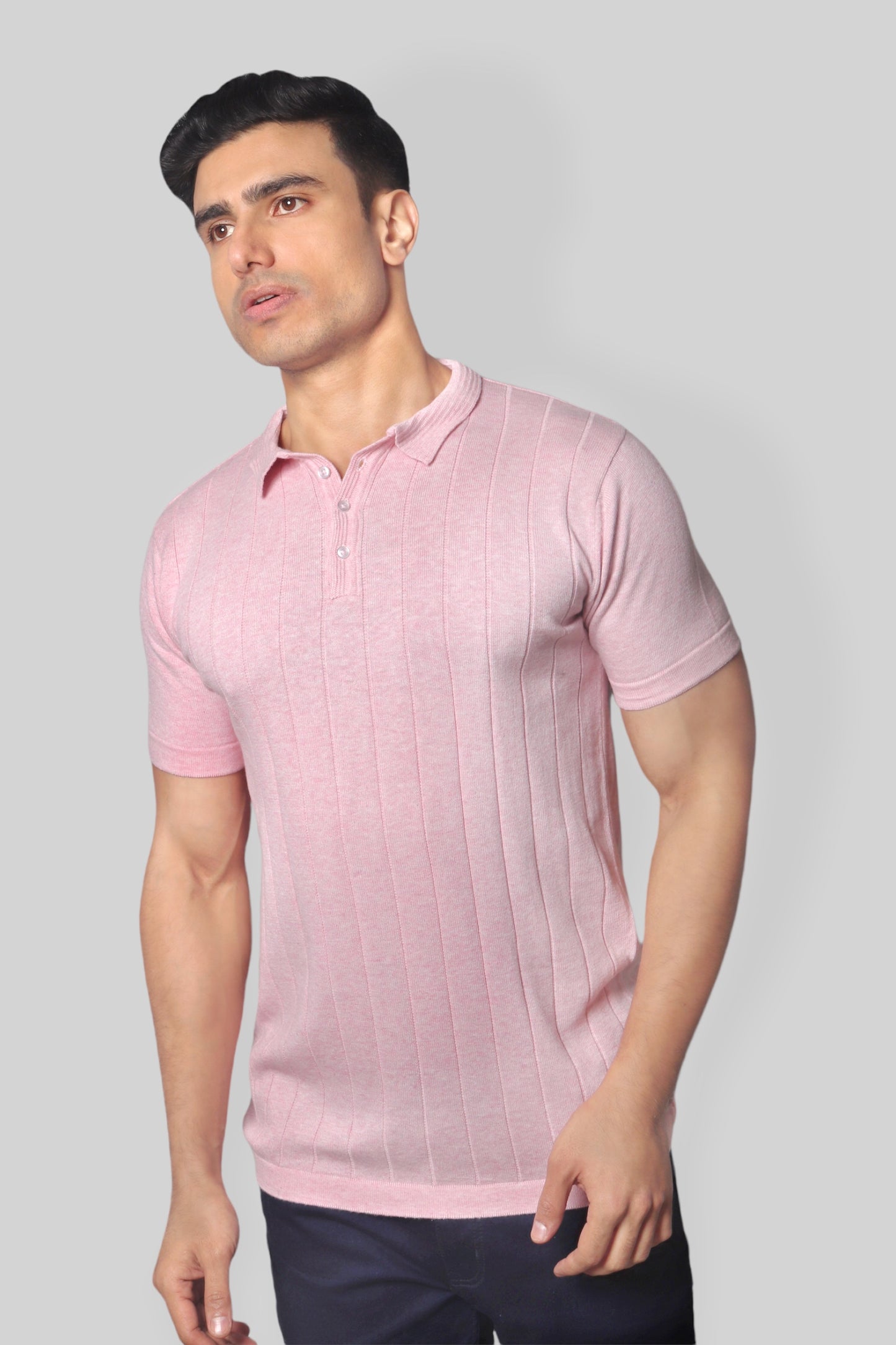 Pink Half Sleeve self textured Flat Knit Collar T-Shirt