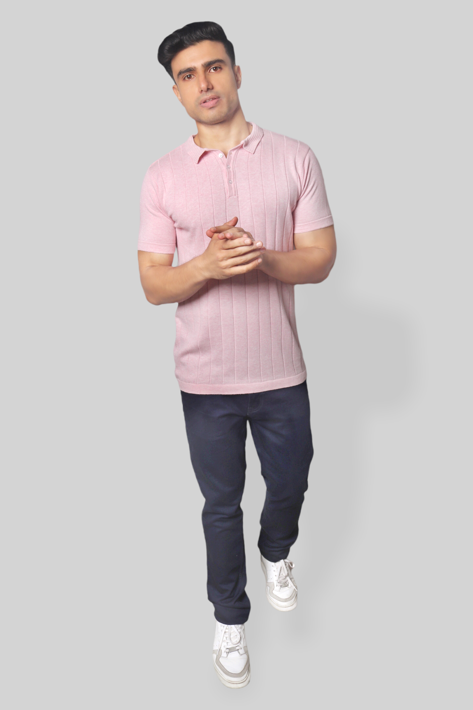 Pink Half Sleeve self textured Flat Knit Collar T-Shirt