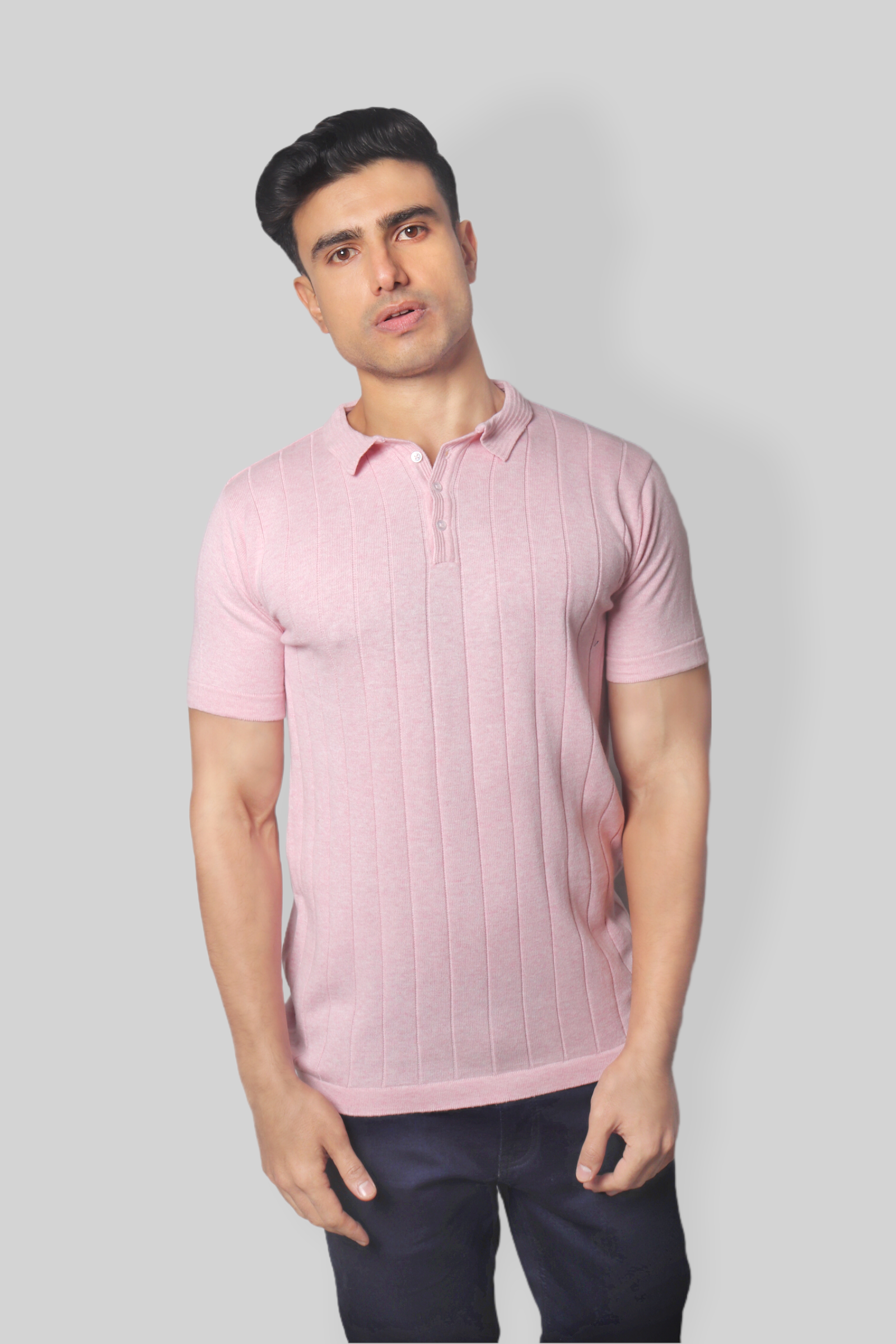 Pink Half Sleeve self textured Flat Knit Collar T-Shirt