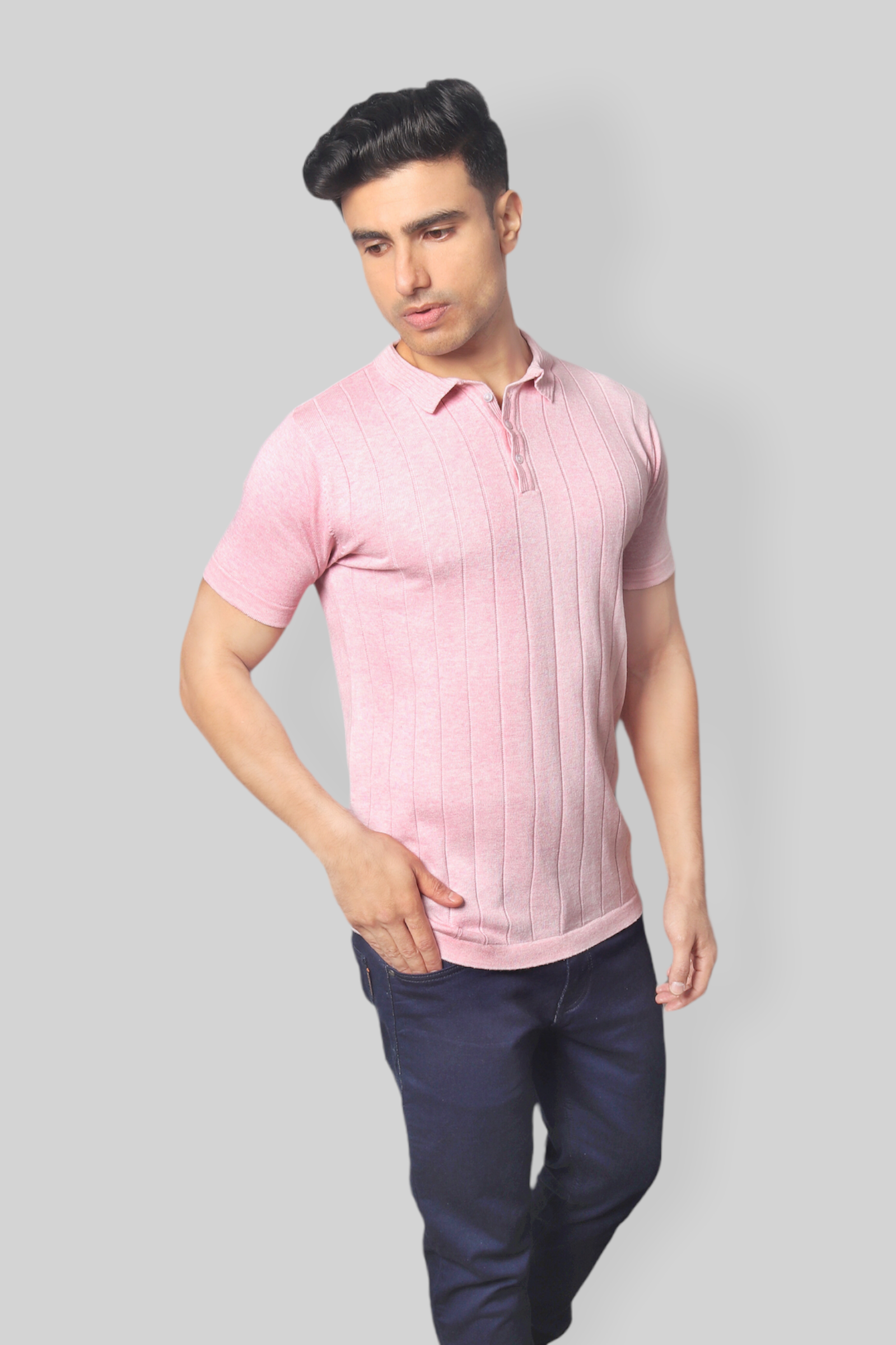 Pink Half Sleeve self textured Flat Knit Collar T-Shirt