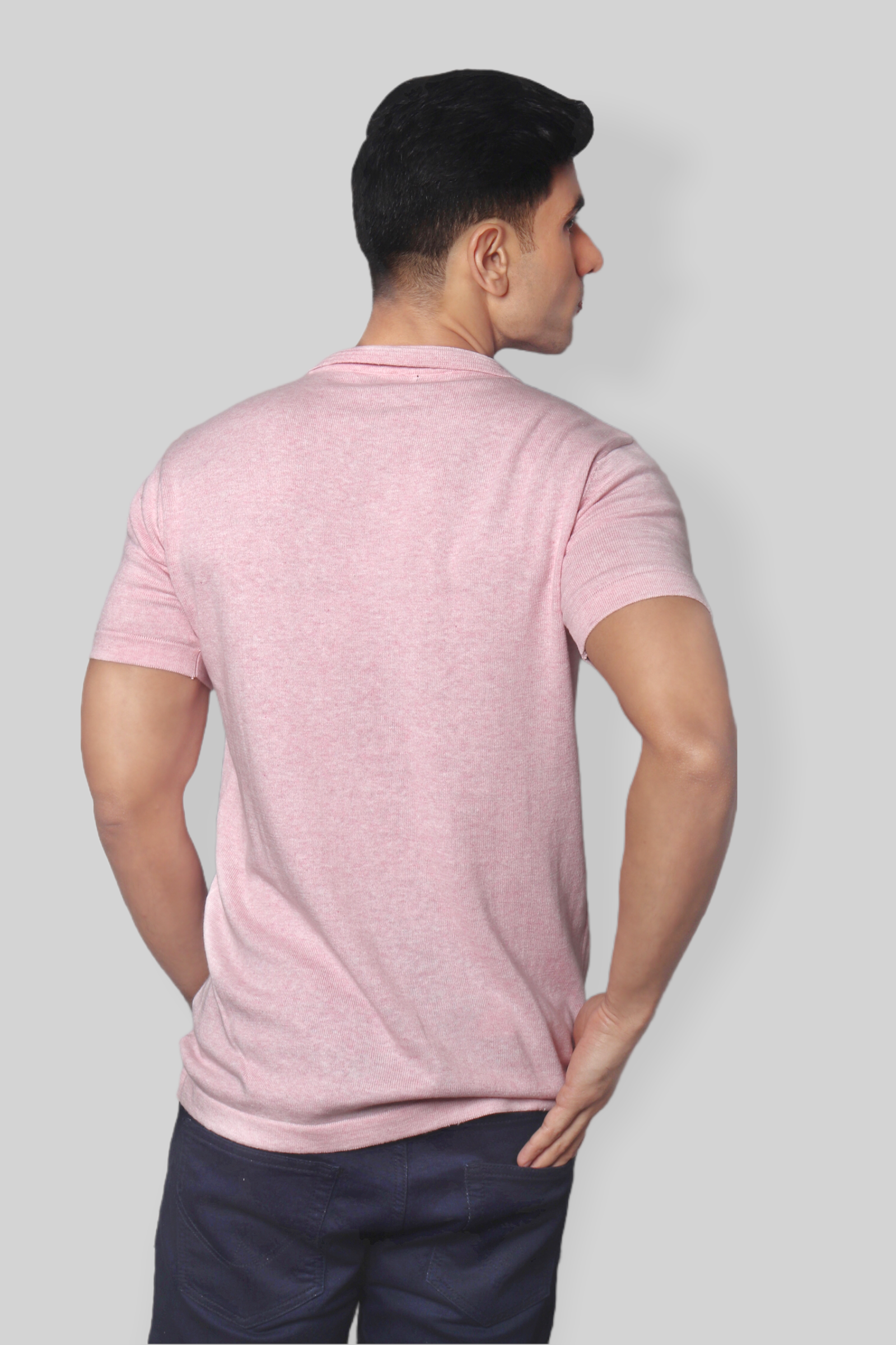 Pink Half Sleeve self textured Flat Knit Collar T-Shirt