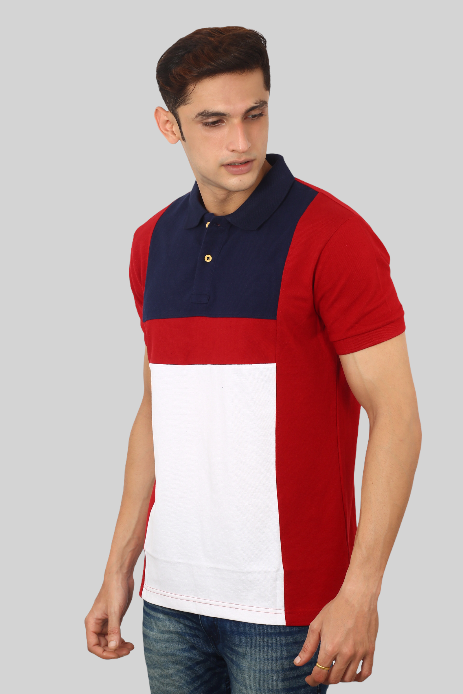 Red-white Panel collar T-shirt for men