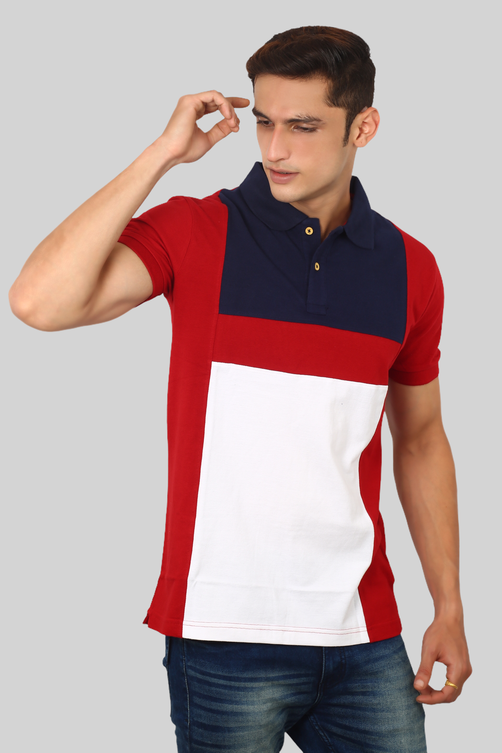 Red-white Panel collar T-shirt for men