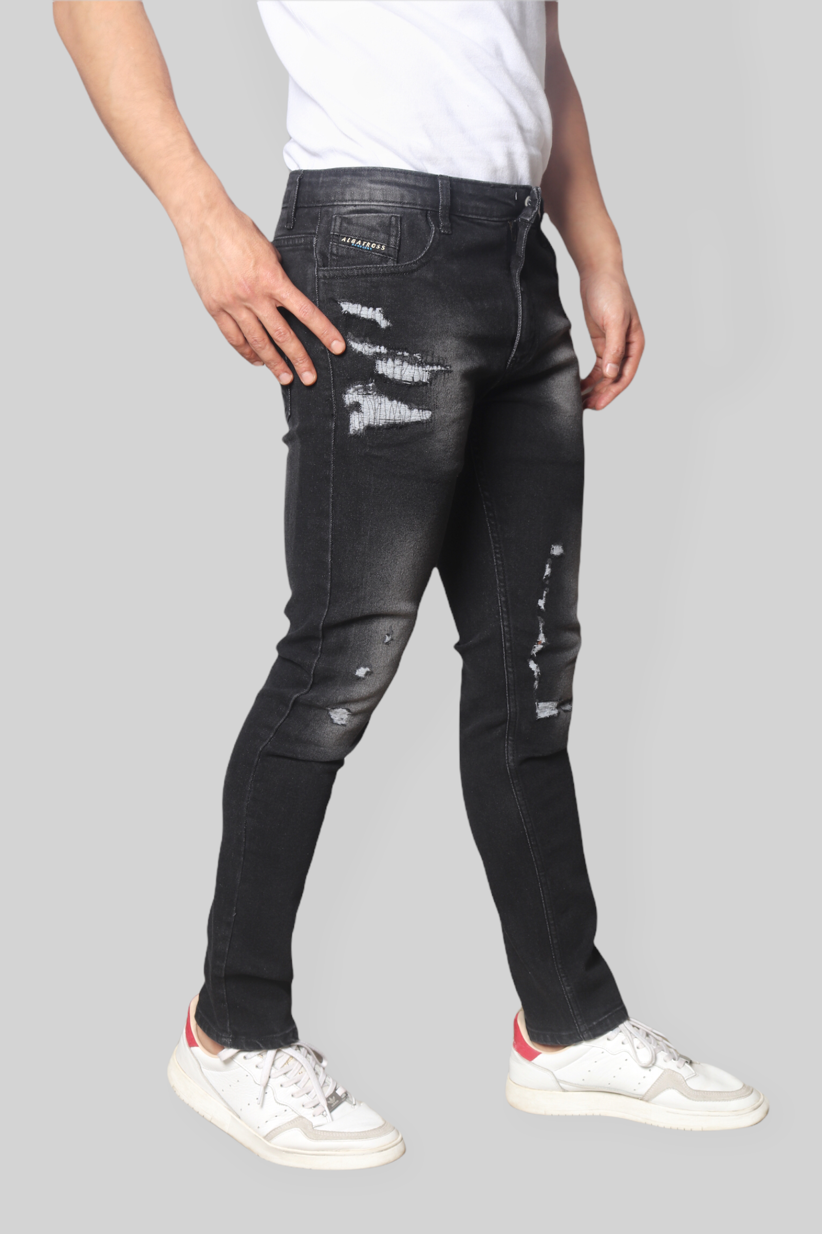 Albatross Black torned regular fit mid rise clean look stretchable Jeans