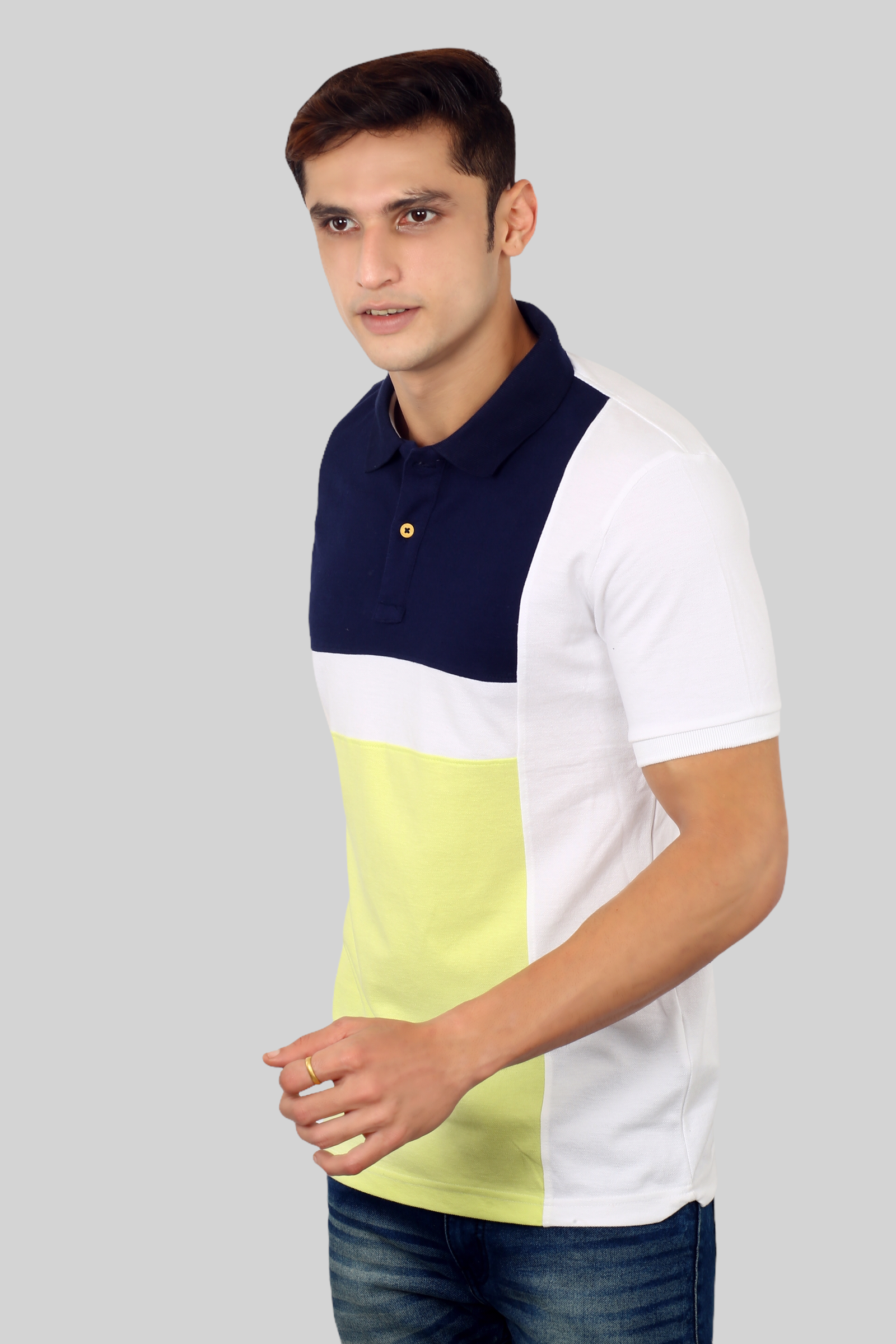 Blue-Lemon Yellow Albatross men’s panel color-block cotton Matty collar tshirt