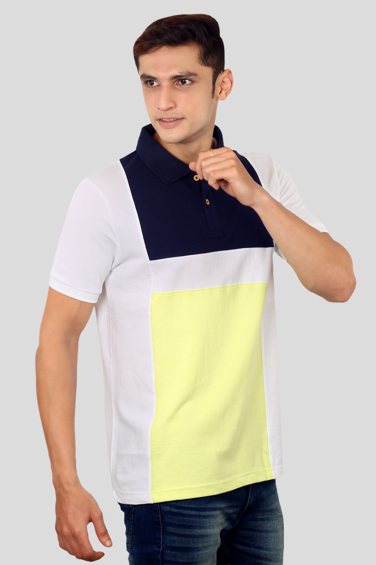 Blue-Lemon Yellow Albatross men’s panel color-block cotton Matty collar tshirt