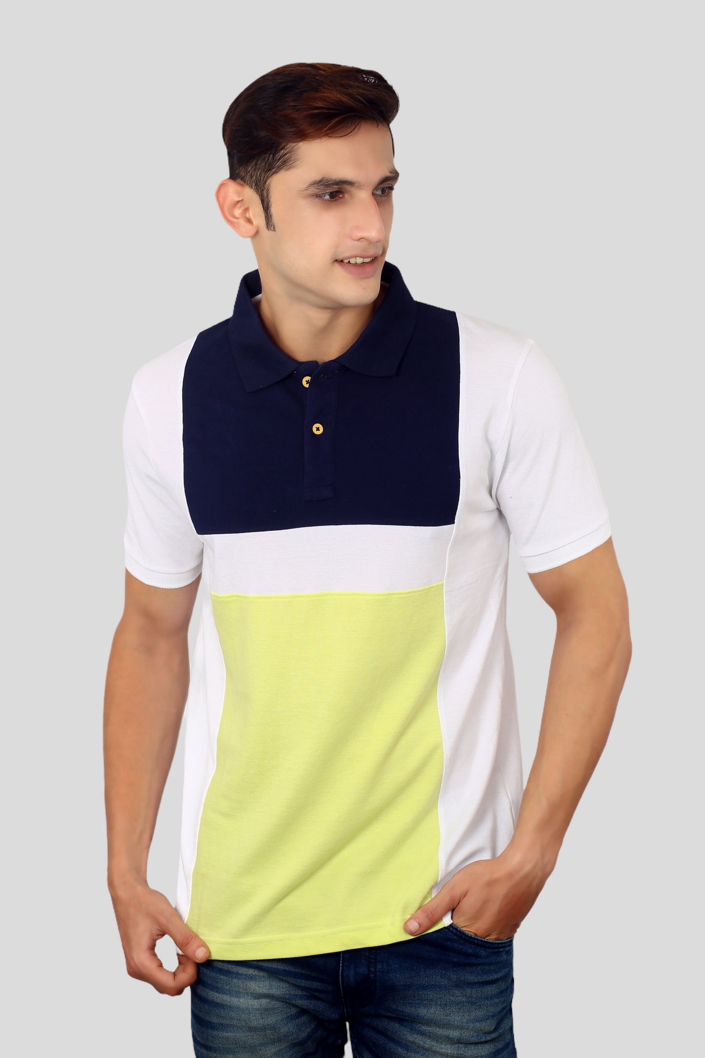 Blue-Lemon Yellow Albatross men’s panel color-block cotton Matty collar tshirt