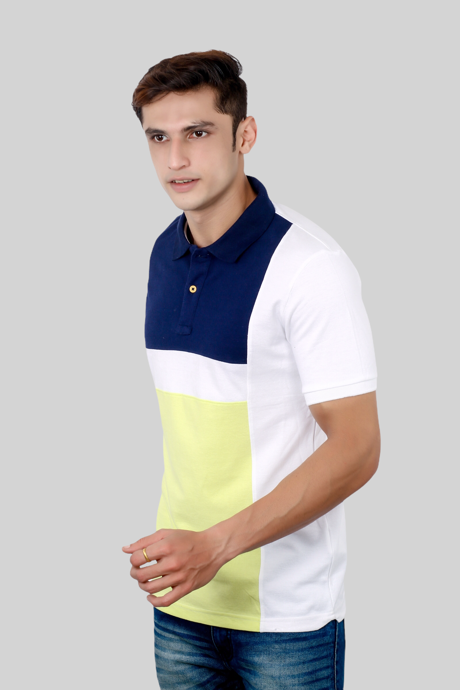 Blue-Lemon Yellow Albatross men’s panel color-block cotton Matty collar tshirt