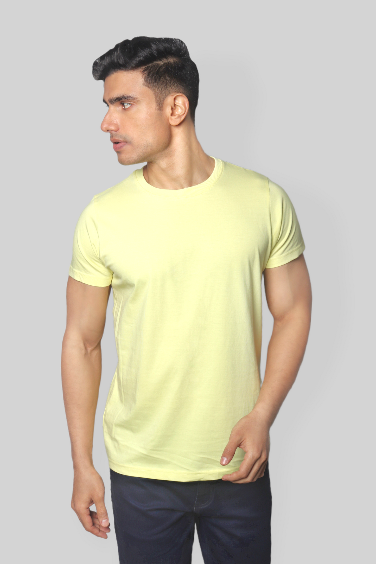 Solid Yellow plain Round Neck Cotton Tshirt for men